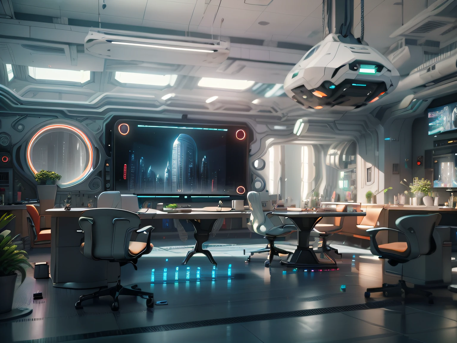 office interior, virtual set, chairs, tables, expert design, large commercial led screens, A digital rendering, large led screens,Complex spaces，Huge space for Ymax rendering,, glowing neon lights, A digital rendering, Future technology showcase, extreme render, 3ds Max, 3 ds max, finalrender, author：Nikolai Avramov