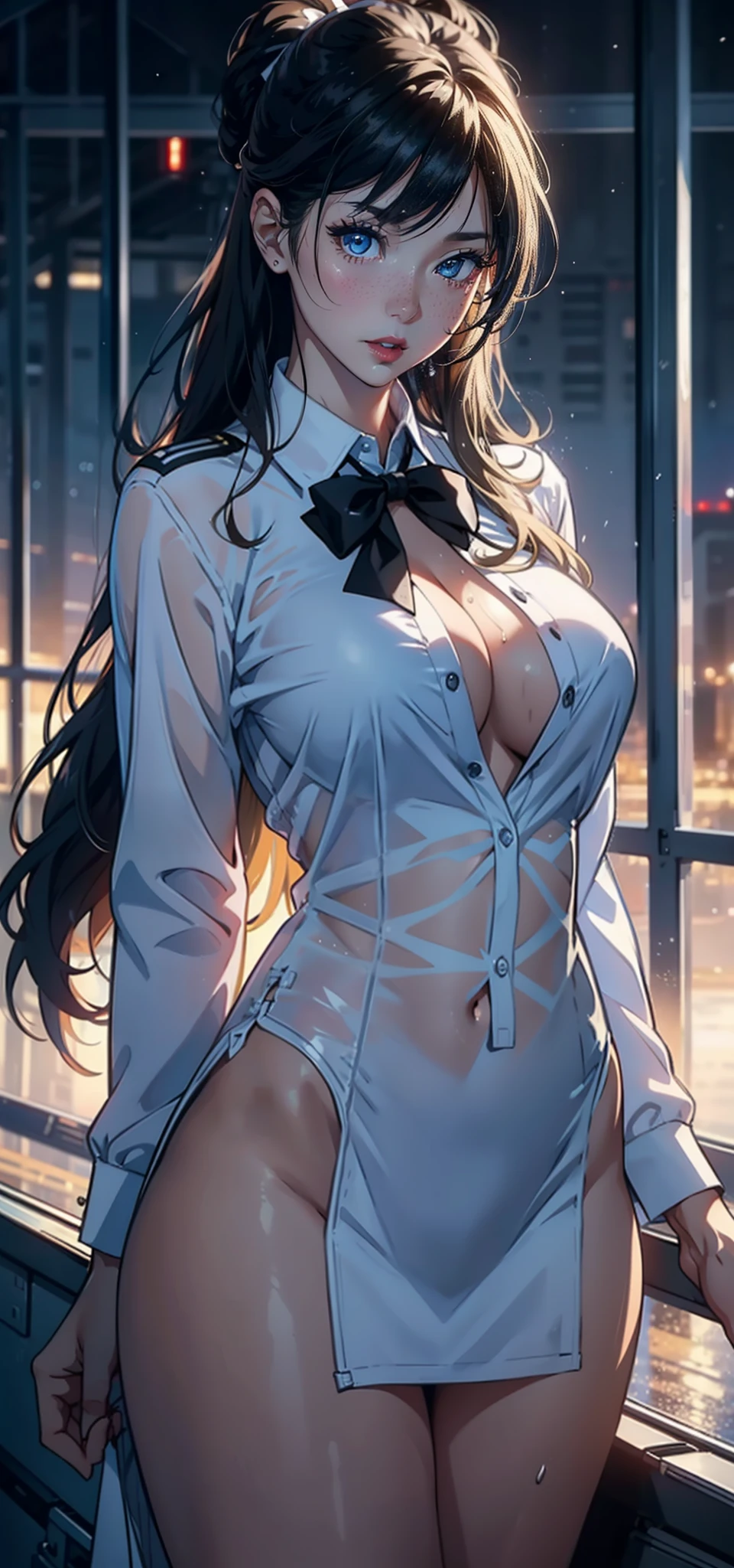 1womanl,33yo,熟妇,Bigchest,Raised sexy,Pornographic exposure, 独奏,Beauty contests,standing on your feet(Background with:aerodrome,snow mountains,Planes,at winter season,Blizzarding,Big snowflakes)in an airplane, She has long blonde hair,Long hair flutters in the wind,Redlip,dynamicposes,Sweat profusely,drenched all over the body,seen from the front, hair straight, mostly cloudy sky,(((tmasterpiece),(Very detailed CG unity 8K wallpaper),best qualtiy,cinmatic lighting,detailed back ground,beatiful detailed eyes,Bright pupils,(Very fine and beautiful),(Beautiful and detailed eye description),Blue eyes,Redlip,ultra - detailed,tmasterpiece,)),facing at camera,(The upper part of the body),A high resolution,ultra - detailed),revealing breasts,Bare genitalia, Bulge,legs are open,sexyposture,Camel toes,Flushed complexion,Open-mouthed,frontage,stewardess,Boat-type caps(Wearing:White transparent flight attendant uniform,Large colored bow tie,Sexy black miniskirt)