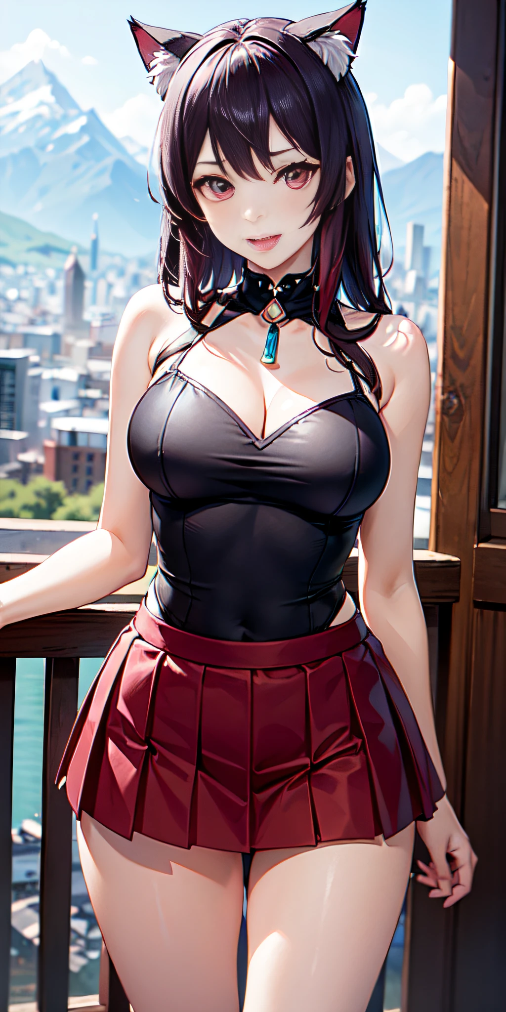 (solo 1 mujer)The anime character similar to Genshin Impact, a Suiza human woman of 18 years old, with magenta red hair, a beautiful and symmetrical face, happy and sticking out the tip of her tongue with cat ears instead of horns, ademas de super cachonda y fogosa, (wearing a short pleated miniskirt and blue+ white) futuristic mountain clothing, with an Egyptian jewel collar and an adornment on the right thigh, with a city background
