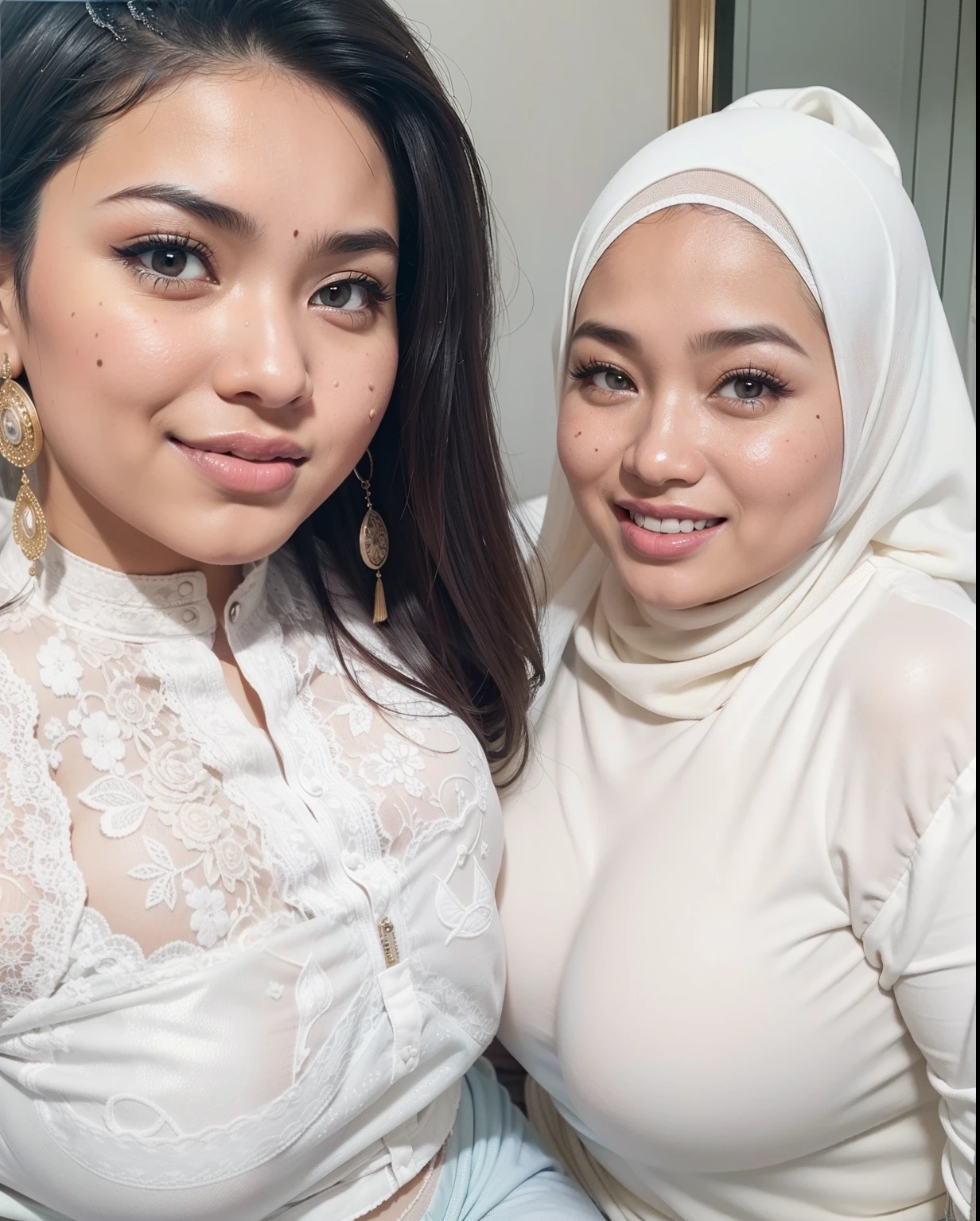 2 malay woman wearing hijab, smiling, big breast, slim woman body, wearing red lace bras, excellent lighting.