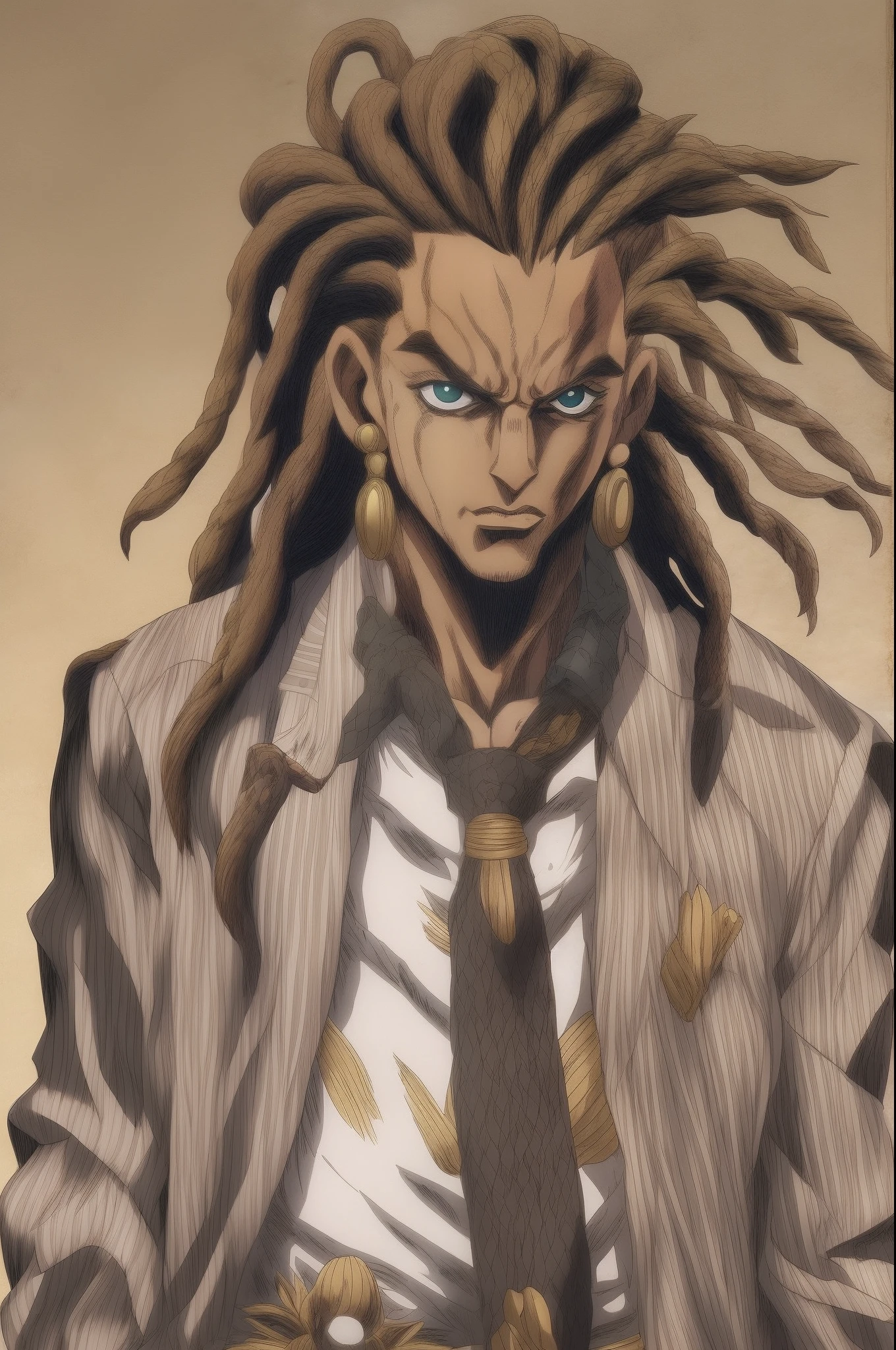 Homem de pele marrom escuro vestindo terno e gravata elegante, cabelo dreadlocks raspado dos lados, JoJo's Bizarre Adventure, Hirohiko Araki (Estilo)