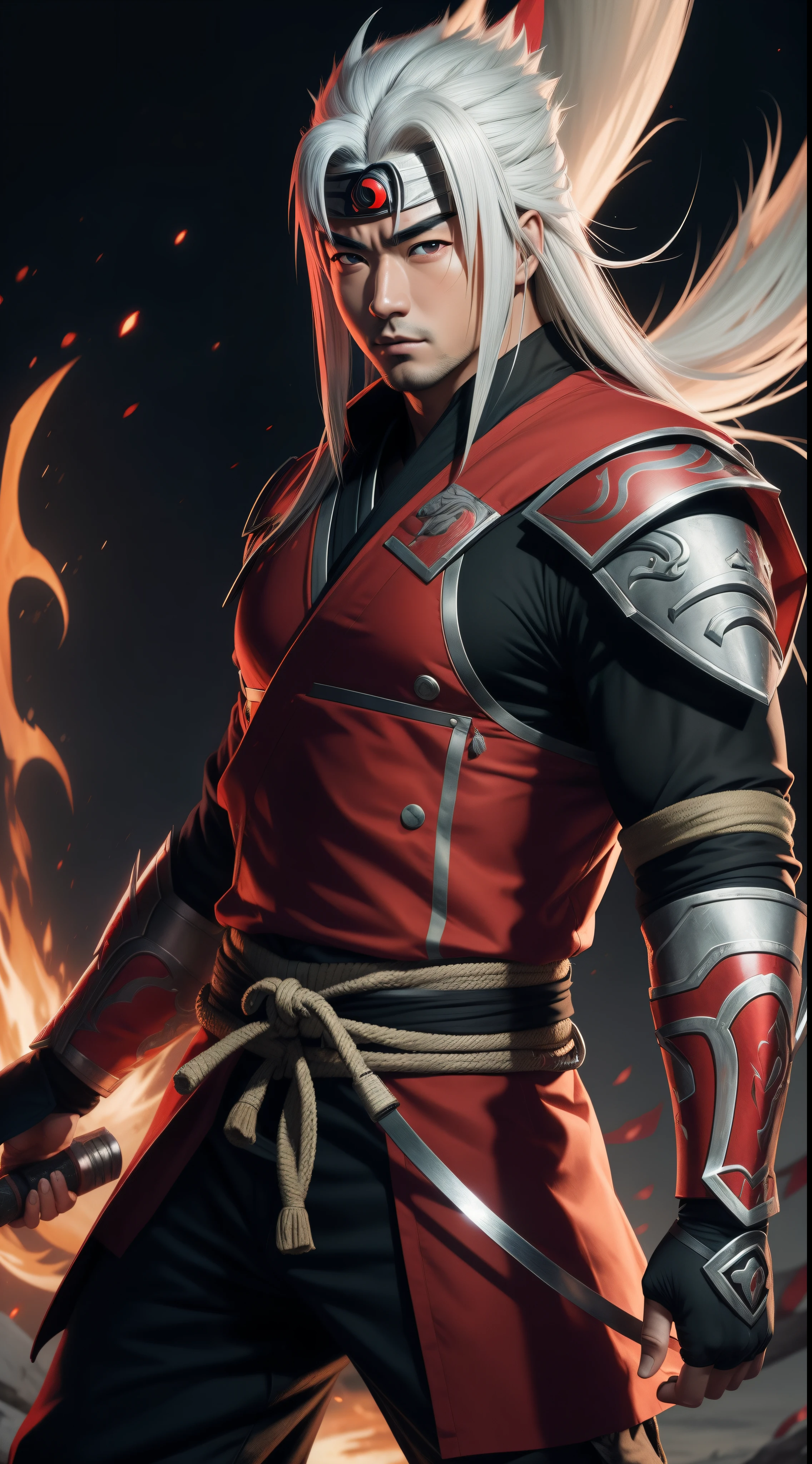 Hot profile picture, masterpiece, solo, extremely accurate rendering, cool beautiful Jiraiya, reliable young man, savior of the world, simple design, best picture, 8K, red eyes pale, the same color as the original demon ninja.