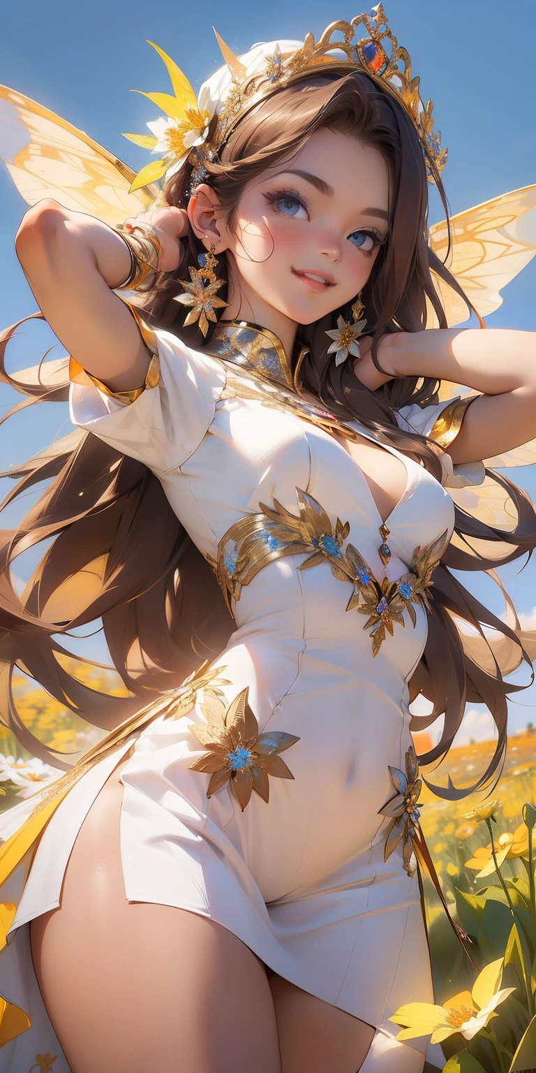 Maximum resolution 4k, (8k), Hermosa mujer, princesa de las flores, Reina de las flores, cheerful expression, hermosos ojos color miel, beautiful exotic figure, Alas de mariposa, Dream Field Fund, campo de flores luz de primavera, natural lighting