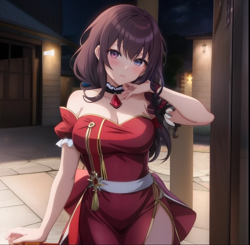 anime girl in a red dress standing in a courtyard, seductive anime girl, beautiful alluring anime woman, attractive anime girl, cute anime waifu in a nice dress, beautiful anime woman, beautiful anime girl, beautiful alluring anime teen, anime moe artstyle, anime visual of a cute girl, anime woman, pretty anime girl, (anime girl), an anime girl