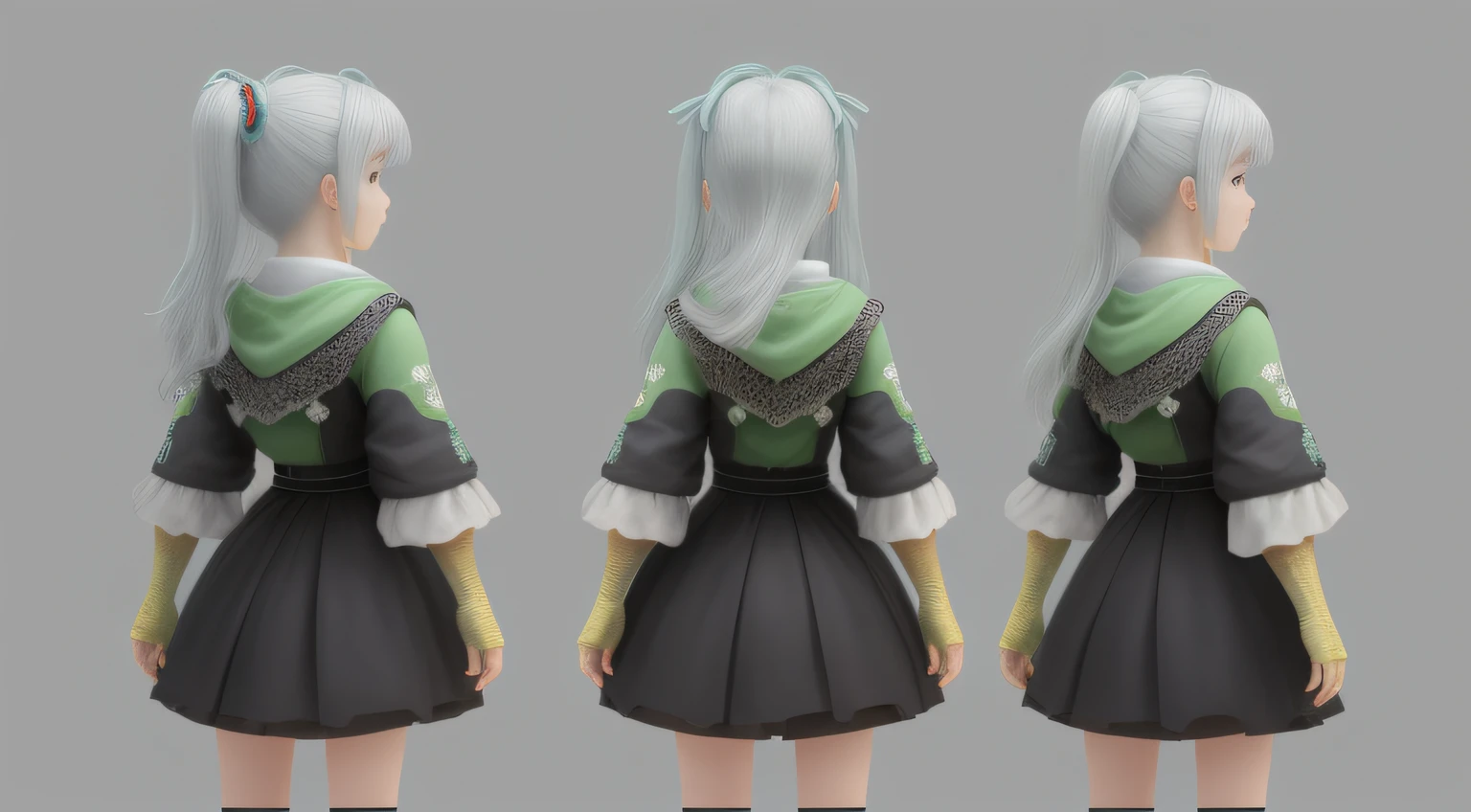 Front side back three views,a girl nolding both of tis hans and a hattakashi murakamidark silver and light green and light
redfull bodycorporate punkdetailed charactel
design, in the style of plush doll art, colorful animation stills.colorfulanimation
stillsGARAGE KITquadratic element,2d game artcute and
colorful,IP;3dc4d,blenderUnreal Engine,8k, OCrenderer, best quality cinematic lighting, light anddark contrast, detail, art award-winning,light colorUHD,3d rendering, Photo grade real
design,bestquality,--ar 4:3--nii5--stvle expressive
