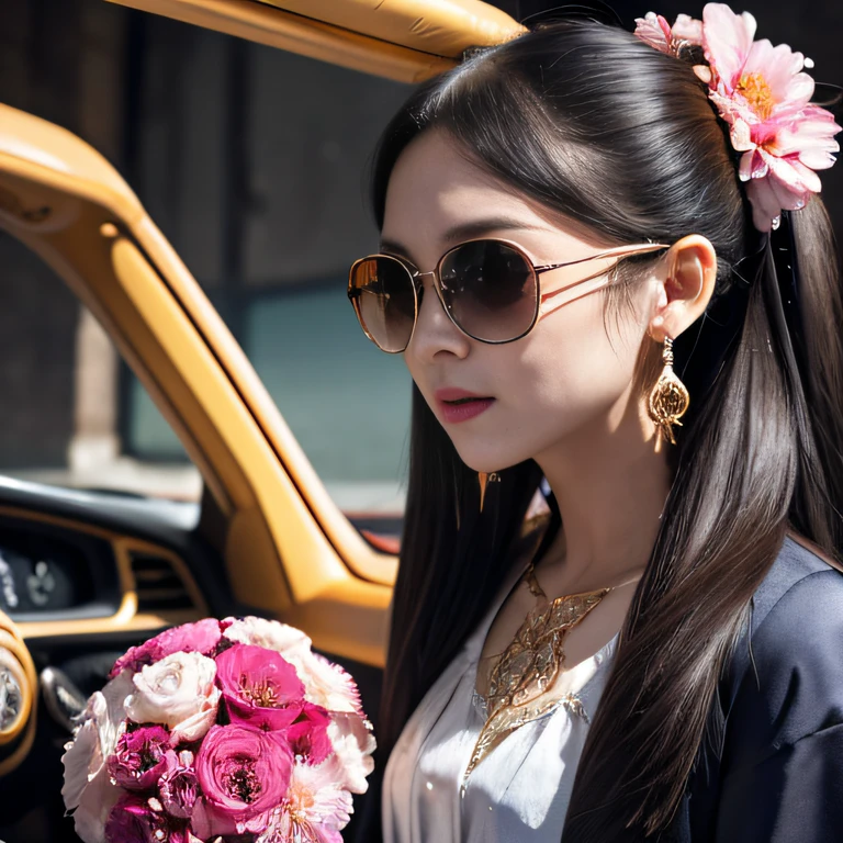 Wear thick gold-framed sunglasses,32K(tmasterpiece,k hd,hyper HD,32K)Burgundy double ponytail,Silver Skull Abandoned Area of the Pond,Indigo Skull King ,Hold the big G steering wheel (The skeleton is realistic:1.4),Skull pattern robe,Silver skull flower ornaments,Petals flutter,Colored ball head,Hold your head high,Be proud,The nostrils look at people, A high resolution, the detail, RAW photogr, Sharp Re, Nikon D850 Film Stock Photo by Jefferies Lee 4 Kodak Portra 400 Camera F1.6 shots, Rich colors, ultra-realistic vivid textures, Dramatic lighting, Unreal Engine Art Station Trend, cinestir 800,Hold your head high,Be proud,The nostrils look at people,Tsundere,Petals flutter,Petals flutter,Sprinkle with gold dust,Fluttering,Impeccable,( reasonable design, Clear lines, High sharpness,Best quality, Very detailed skeleton, The skeleton of a masterpiece, offcial art, movie light effect, 4K skeleton(((Wear thick gold-framed sunglasses)))
