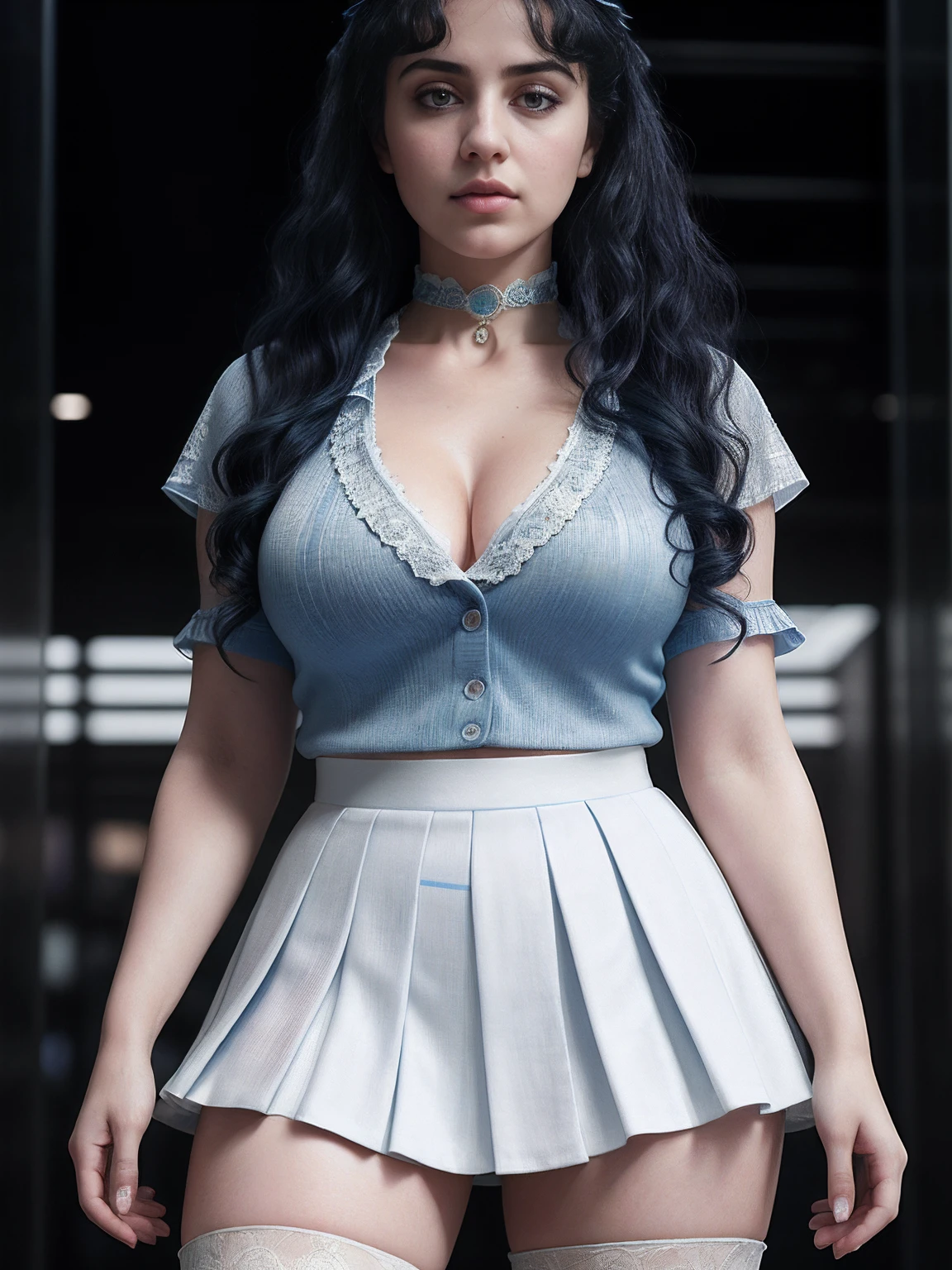 Full body of a Syrian WOMAN, blue curly hair, white button up and baby blue pleated skirt, big boobs, angry look, looking at viewer, in the mall, natural skin texture, 24mm, 4k textures, bright cinematic light, RAW photo, photorealism, photorealistic, intricate, elegant, highly detailed, sharp focus, ((((((cinematic look)))), soft tones, insane details, intricate details, hyperdetailed, low contrast, soft cinematic light, bright colors, exposure mix, hdr, full body head to toe, wearing choker, thick thighs, over the knees socks