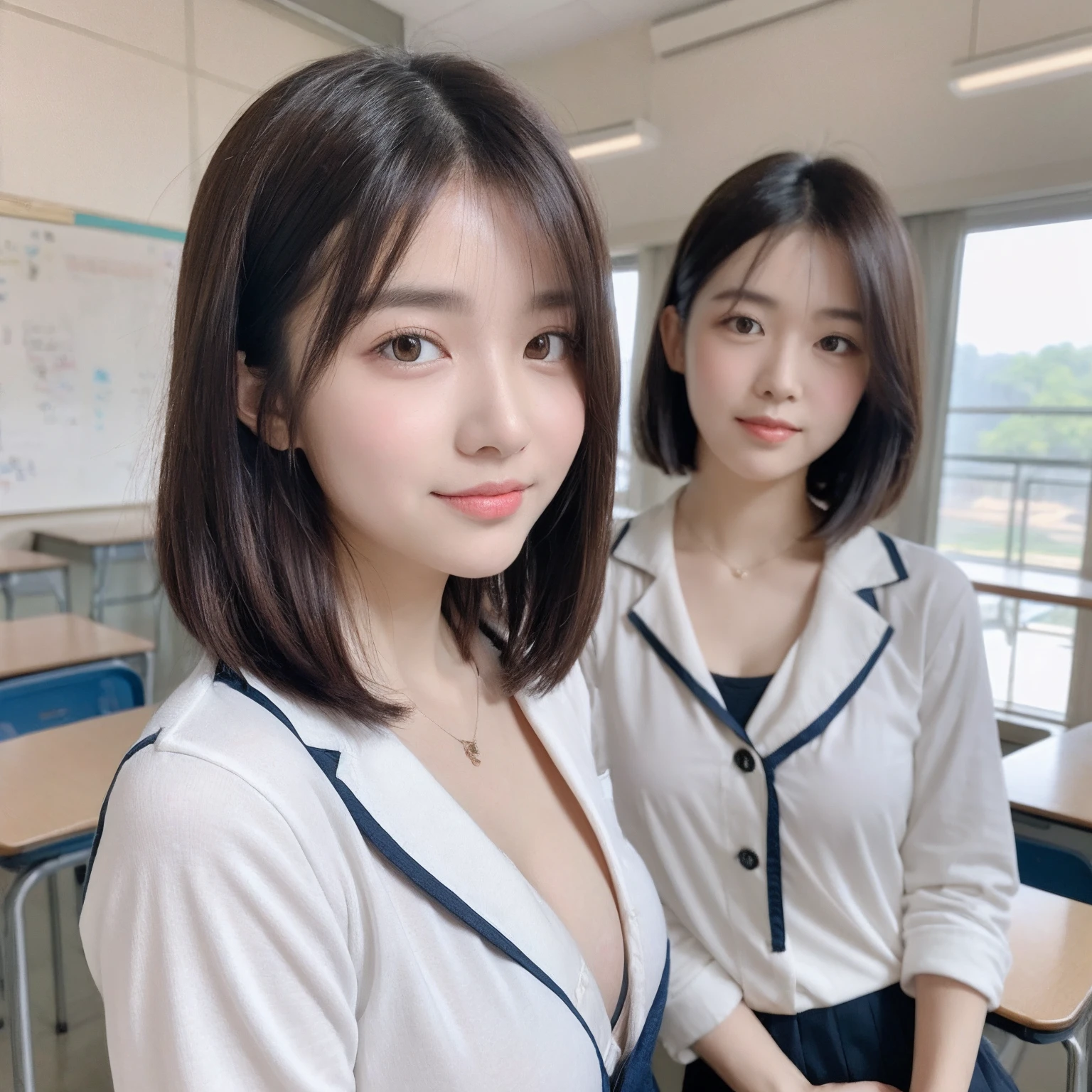 ((layered haircuts、Colossal tits:1.2)),（8K，highest  quality），full body shot shot，Watching from a distance，Distant shots，School Classroom，looking at book，In class，校服，pupils，High school student uniform，Full body photography:1.9，conservativelydressed，No cleavage， Android， adolable， ssmile， Thin face， short detailed hair， 32K, tmasterpiece， Best picture quality，超A high resolution，Perfect hands，Looking_at_peeping at the viewer，