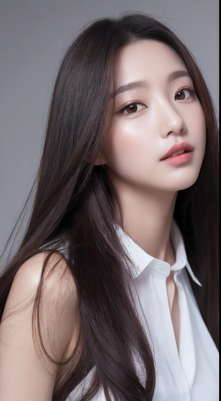 ultra-detailliert, hight resolution, (realisitic, Photorealsitic:1.4), 8K, Raw foto, (masterpiece), (top-quality), physically-based renderingt, college girls, long brown hair, Korea, the beach, In look, Nothing to wear、Unbuttoned_white_Shirt,