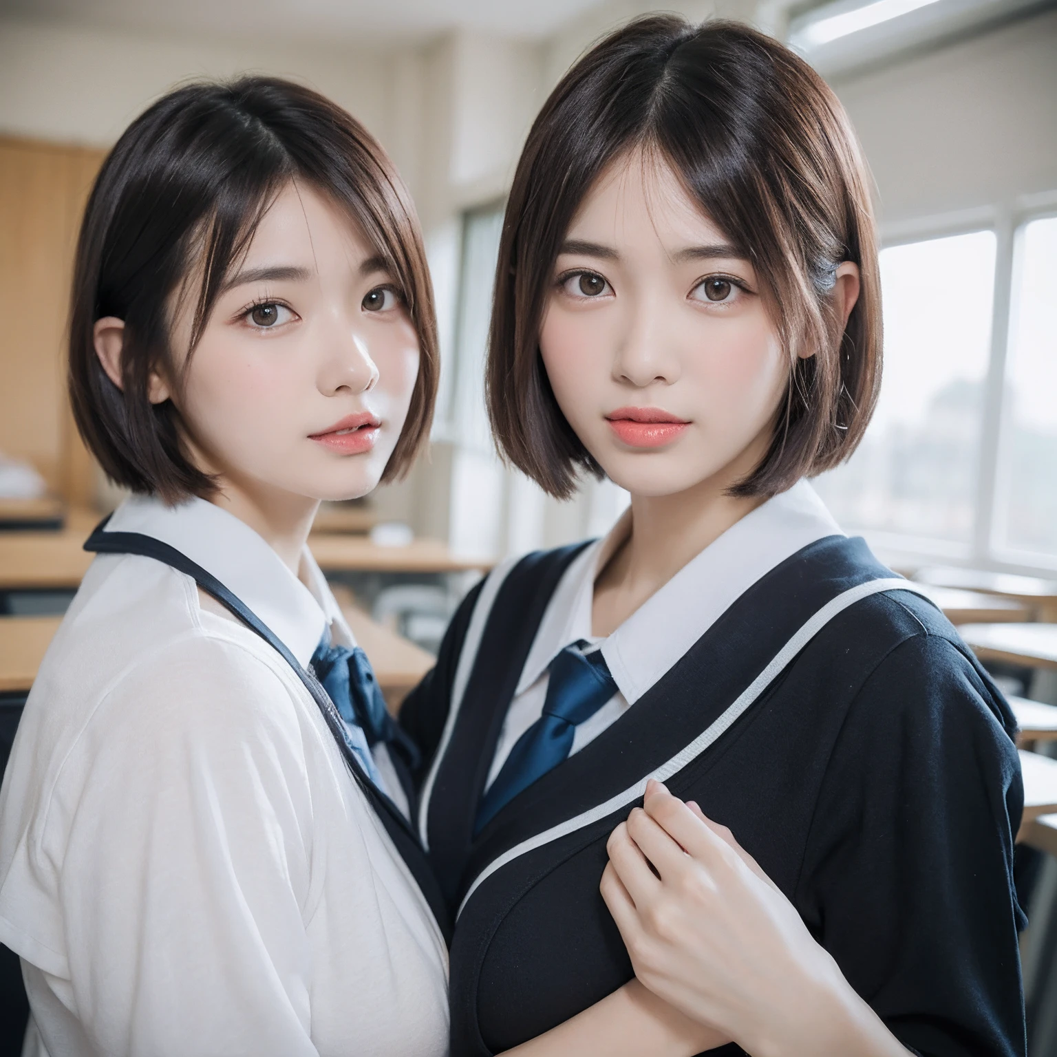 Japanese women、High school girls、, (anatomically correct, perfect anatomy:1.5), very cute, beautiful, (uniform、white shirt, Pleated skirt:1.1), (extra detailed panties:1.1), ((embarrassed:1.5)), blush、(classroom、sitting), (Masterpiece、highest quality:1.3)、high resolution、(8K, High resolution:1.2), (photograph, photorealistic:1.2)、Face is in focus、(Focused, symmetrical pupils:1.2)、Beautiful Skin、Natural Makeup、gross lip, High-definition hair texture, (looking at viewer:1.2), (short hair, messy hair:1.3), (multiple angles:1.2), (small breast, cleavage:1.2), (hugging one’s breast:1.2)