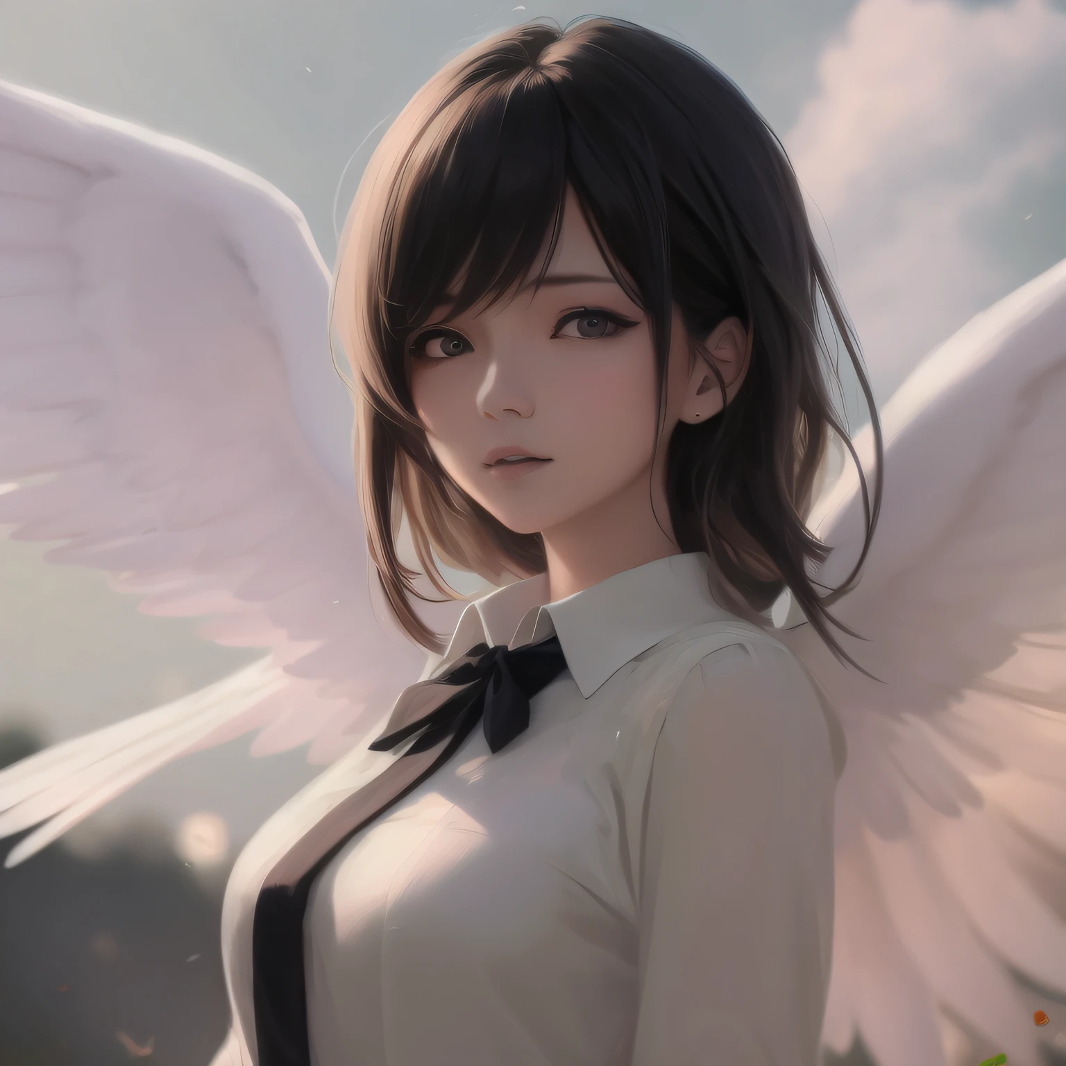 Anime girl with white shirt and wings in the sky, Guviz-style artwork, Guviz, Guweiz in Pixiv ArtStation, Guweiz on ArtStation Pixiv, style of anime4 K, Digital anime art, guweiz masterpiece, a beautiful anime portrait, Anime art wallpaper 8 K, portrait anime girl, Smooth anime CG art