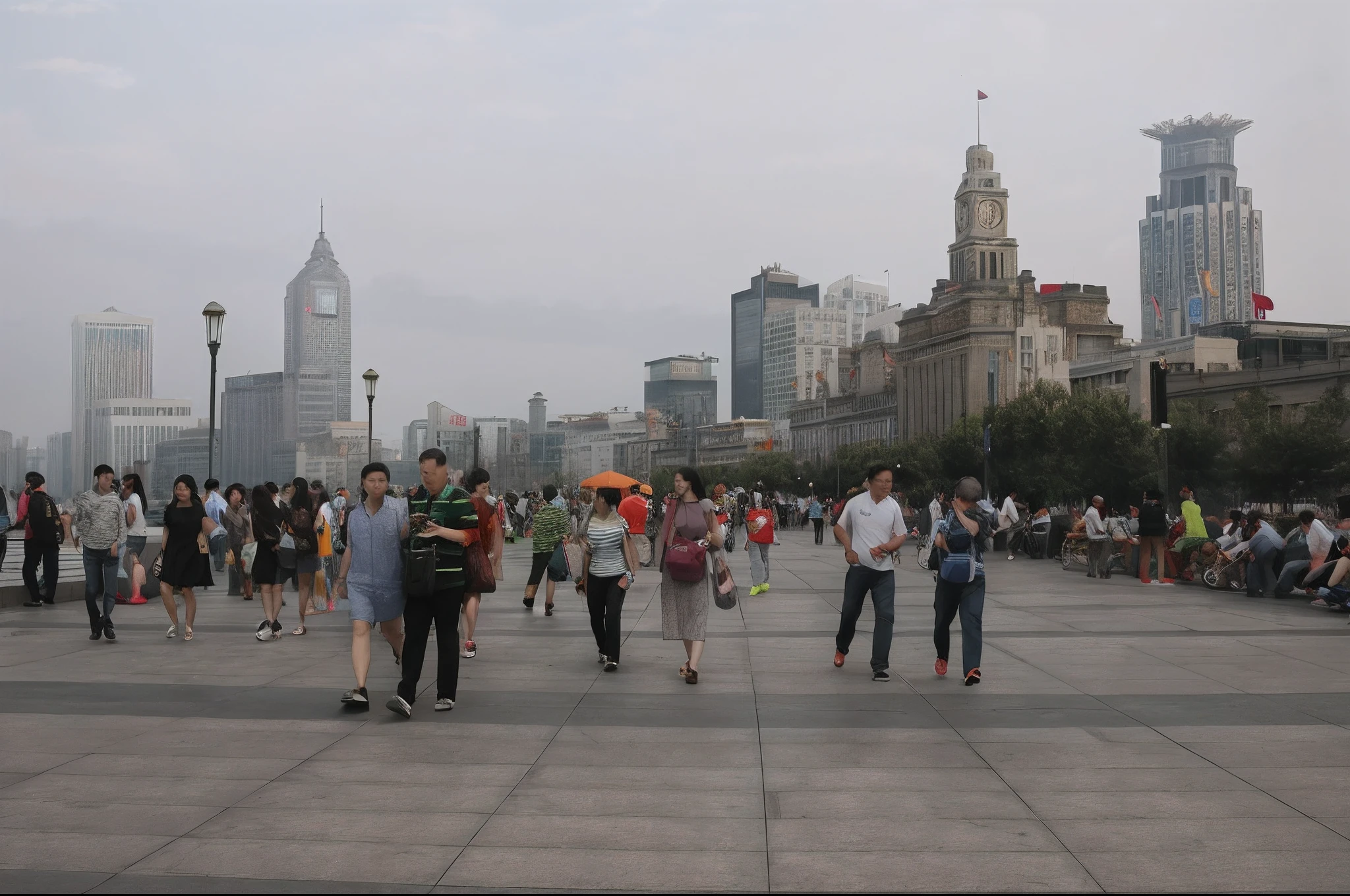 People walk in a square with the city skyline as a background, shanghai, tourists in background, shanghai city, crowded square, in a city square, In the middle of the city, People walking around, kan liu, Wu Liu,
