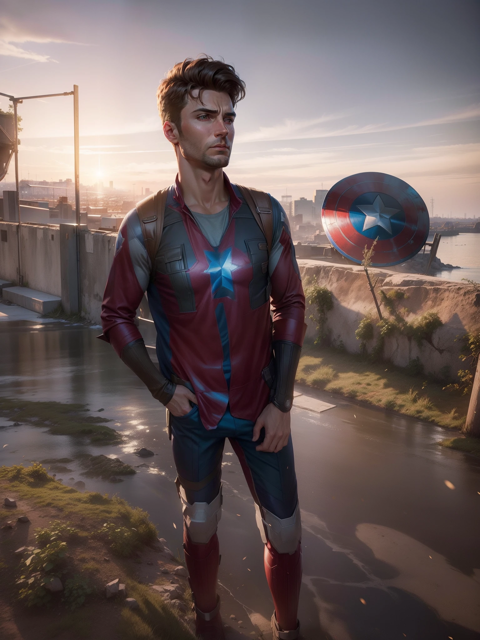 A man wearing captain america suit hyper realistic image super realistic change background in endgame ew