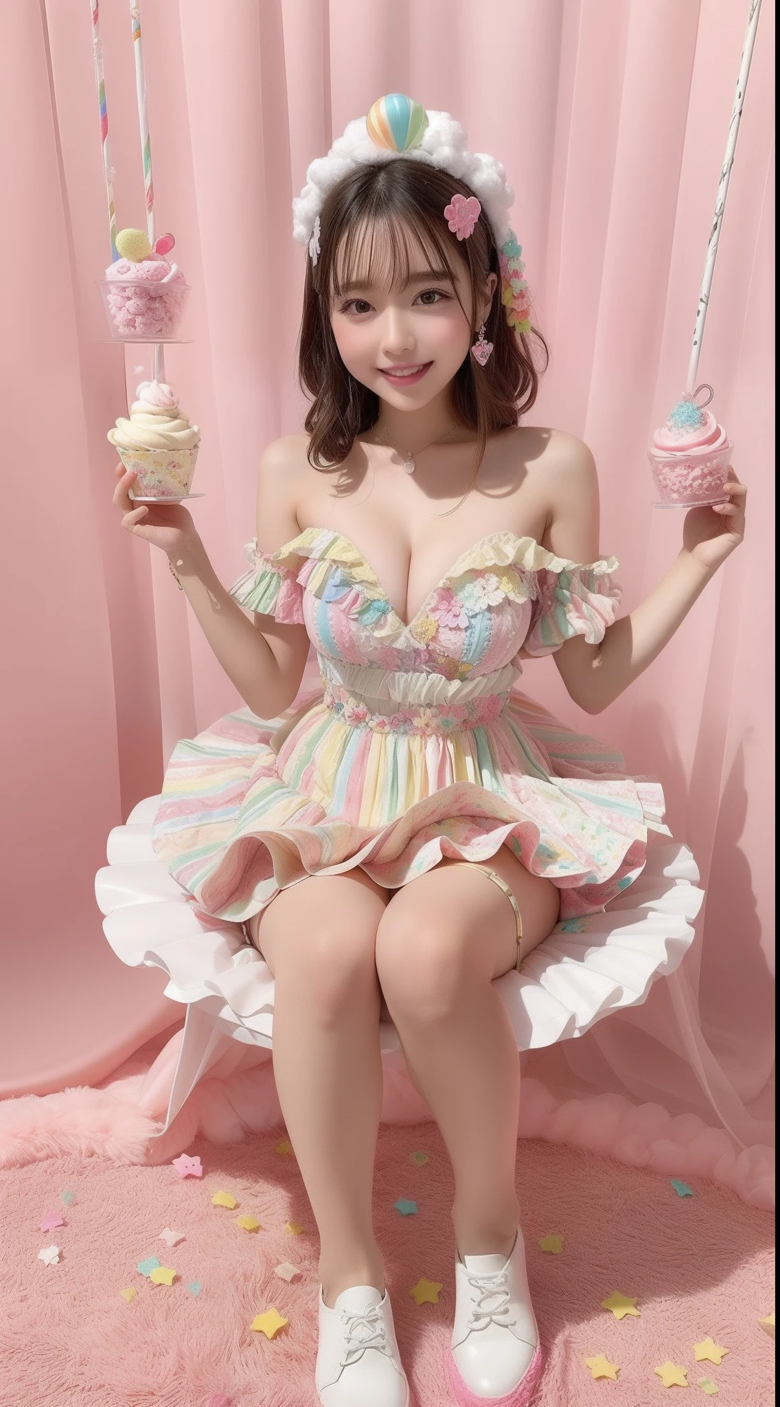 Fashion: Dress up in a colorful ensemble reminiscent of candy wrappers, Bright pastel colors and playful accessories cleavage、huge tit、. 2. Pose: Pose whimsically while holding a giant lollipop, Show off a carefree and fun attitude. 3. Background: Pose in front of a candy-themed background filled with oversized candies, cotton candy clouds, and Candy Kane Tree. 4. Candy Throne: Sit on a candy-style throne made with oversized gum drops, Surrounded by candy treasures. 5. Cupcake Delight: Lean on a giant cupcake prop, Wear clothes that match the color and frosting of the cupcake. 6. Rainbow Pathway: Walk along iridescent paths made of candy pieces, Exudes a sense of surprise and excitement. 7. Candy Rain: With colorful umbrellas「Candy Rain」Capture the moment of, Standing under a shower of falling candies. 8. Giant Ice Cream Cone: Pose beside a giant ice cream cone prop, In an outfit featuring ice cream cone patterns and colors. 9. Candy Wonderland Swing: Swing playfully in candy cane swing in a dreamy landscape of candy tree and candy floss clouds. 10. Gummy Bear Garden: Sit in the garden of oversized gummy bears, Wearing a gummy bear-themed costume that matches the color of the candy garden
