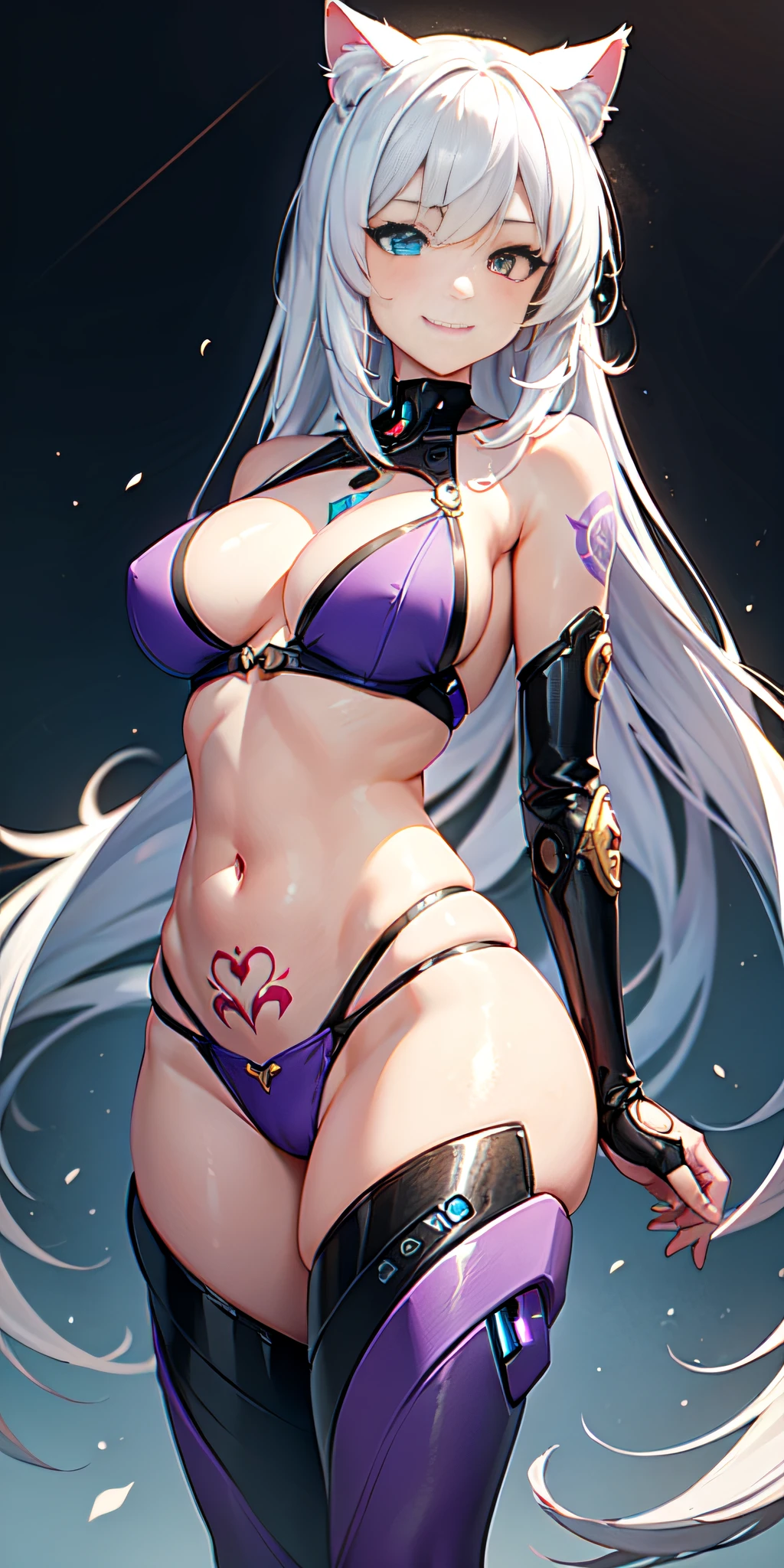 (1 female only), 16 year old girl, Long white hair, heterochromia (purple left eye, blue right eye), Cat Ears, Inner Sideboob, Open Belly, Tattoo, Smirk, Cyborg, Masterpiece, High Quality Precise and precious intricate details, light-dark contrast, rear side solar lighting