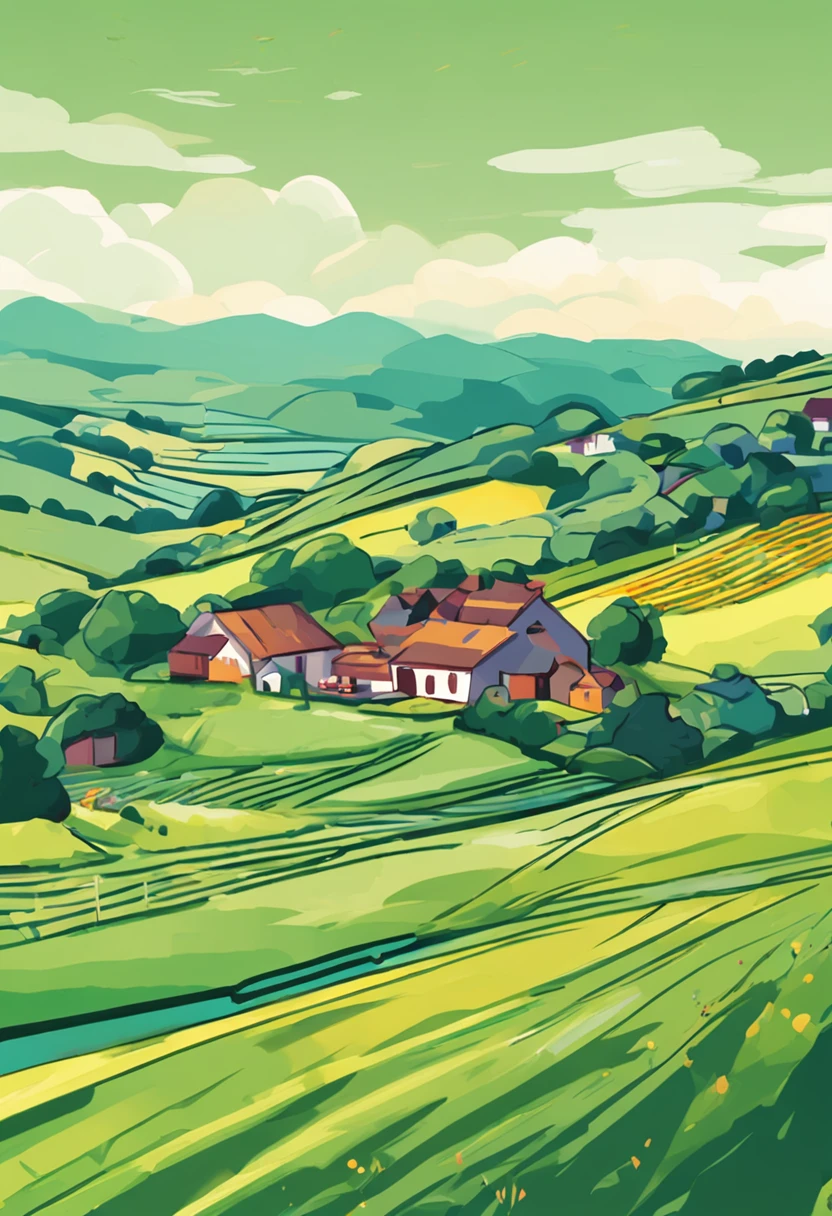 超高分辨率，Rolling countryside，There are green fields and farmhouses in the distance，reflective light，Medium shot，Highest image quality，8K分辨率，a mosaic，Hard-edge Painting，watercolor paiting，8K，Matte look,Color Palette,Impressionism,ultra-wide-angle,hyper HD,ultra fine detailed,octaneratingrendering,Studio quality
Expressionism