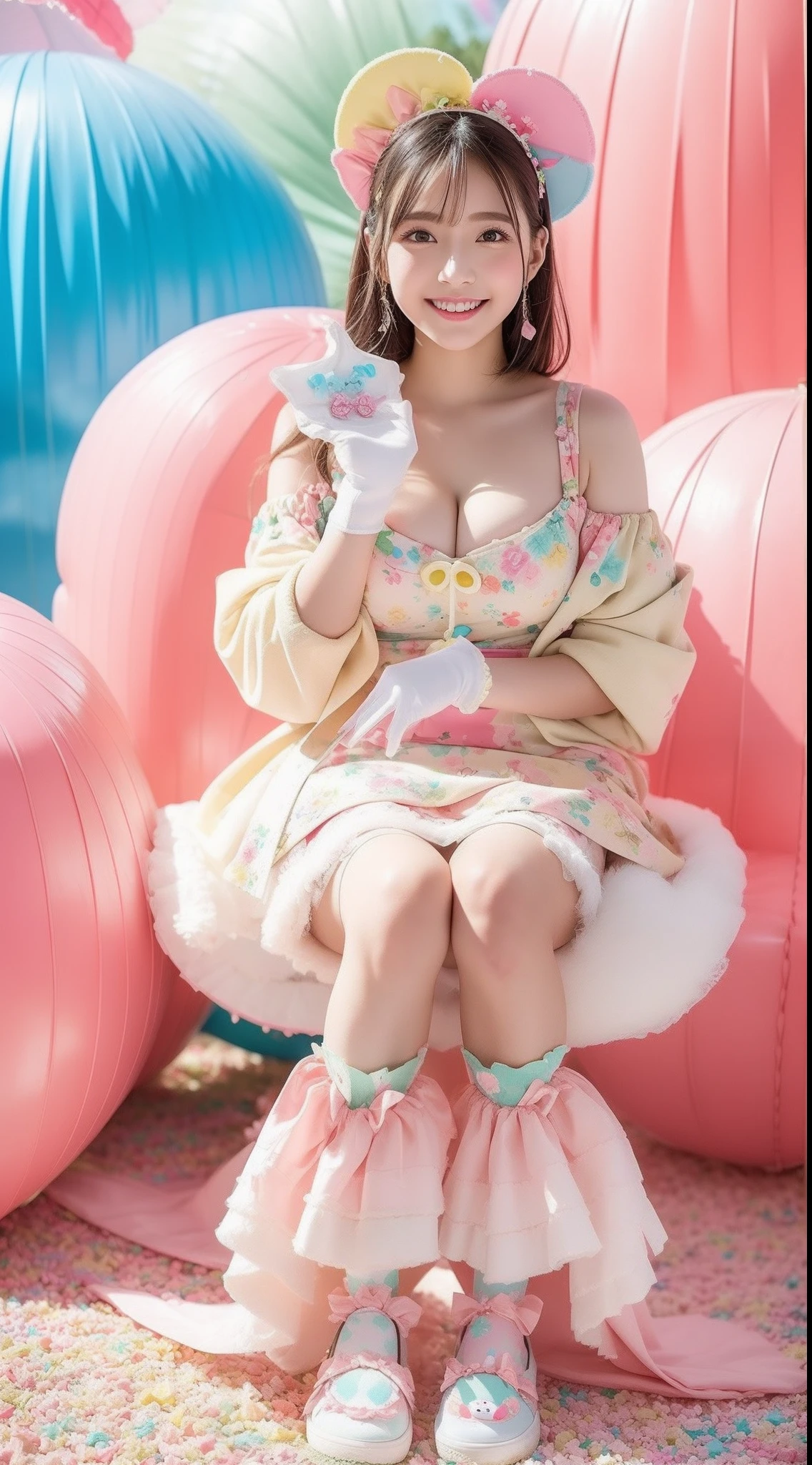 Fashion: Dress up in a colorful ensemble reminiscent of candy wrappers, Bright pastel colors and playful accessories cleavage、huge tit、sixteen years old. 2. Pose: Pose whimsically while holding a giant lollipop, Show off a carefree and fun attitude. 3. Background: Pose in front of a candy-themed background filled with oversized candies, cotton candy clouds, and Candy Kane Tree. 4. Candy Throne: Sit on a candy-style throne made with oversized gum drops, Surrounded by candy treasures. 5. Cupcake Delight: Lean on a giant cupcake prop, Wear clothes that match the color and frosting of the cupcake. 6. Rainbow Pathway: Walk along iridescent paths made of candy pieces, Exudes a sense of surprise and excitement. 7. Candy Rain: With colorful umbrellas「Candy Rain」Capture the moment of, Standing under a shower of falling candies. 8. Giant Ice Cream Cone: Pose beside a giant ice cream cone prop, In an outfit featuring ice cream cone patterns and colors. 9. Candy Wonderland Swing: Swing playfully in candy cane swing in a dreamy landscape of candy tree and candy floss clouds. 10. Gummy Bear Garden: Sit in the garden of oversized gummy bears, Wearing a gummy bear-themed costume that matches the color of the candy garden