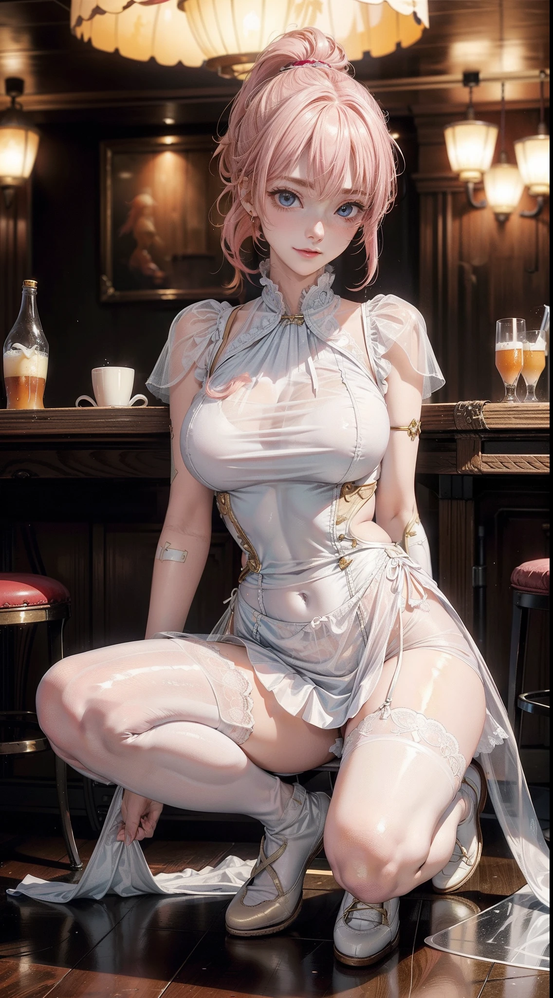 in a pub，The light is dim，Many strong men，Bar girls，White boatswain suit，Superskirt，drenched all over the body，Standing or sitting or squatting，Blonde or red or pink hair，Long or short hair or double ponytail or single ponytail or curly hair。see-through transparent clothes，No underwear，Garbage all over the ground，Plenty of milky liquid，long leges，Delicate face，extreme detailed eyes，largeeyes，Large breasts，Clothes are tight，Tulle clothes，Happy smile