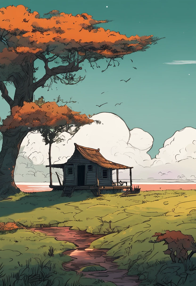 Tranquil forest clearing by the sea, where a small hut stands beneath a tall ancient tree. Water lilies float in a calm pond, and a lone wolf stands guard while a distant hurricane approaches over the horizon. --v 5 --ar 4:5