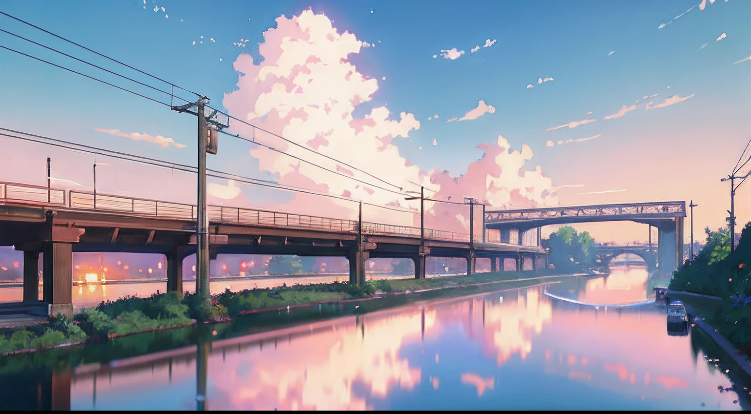 Masterpiece, anime train on tracks through a body of water, pink train. Romantic Train, Makoto Shinkai&#39;s picture, pixiv, concept art, lofi art style, reflection. by makoto shinkai, lofi art, beautiful anime scenes, anime scenery, detailed scenery—width 672, in style of makoto shinkai, style of makoto shinkai, details enhanced.