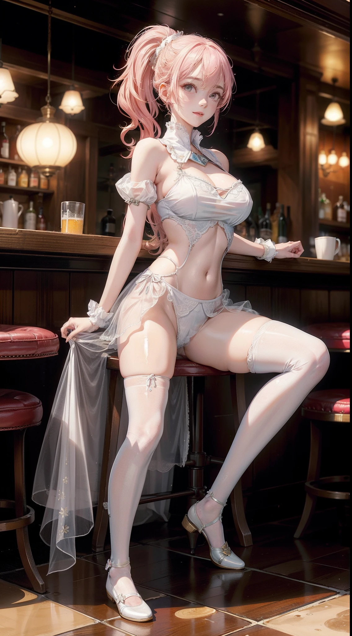 in a pub,The light is dim,Many strong men,Bar girls,White boatswain suit,Superskirt,drenched all over the body,Standing or sitting or squatting,Blonde or red or pink hair,Long or short hair or double ponytail or single ponytail or curly hair。see-through transparent clothes,No underwear,Garbage all over the ground,Plenty of milky liquid,long leges,Delicate face,extreme detailed eyes,largeeyes,Large breasts,Clothes are tight,Tulle clothes,Happy smile