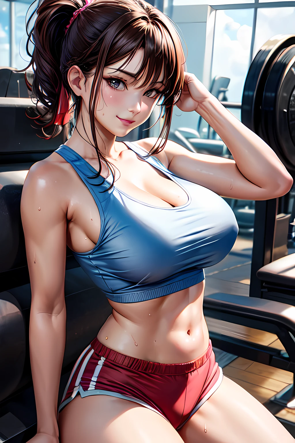 8k,Best Quality,masterpiece,Extremely detailed,realistic,1girl,japanese woman,(big breasts:1.3),cleavage,[[cameltoe]],toned and glamorous body,(Tank tops:1.3),(Hot Pants:1.3),ponytail,Brown hair,smirk,(Sweat on breasts),looking at viewer,((gym:1.2)),