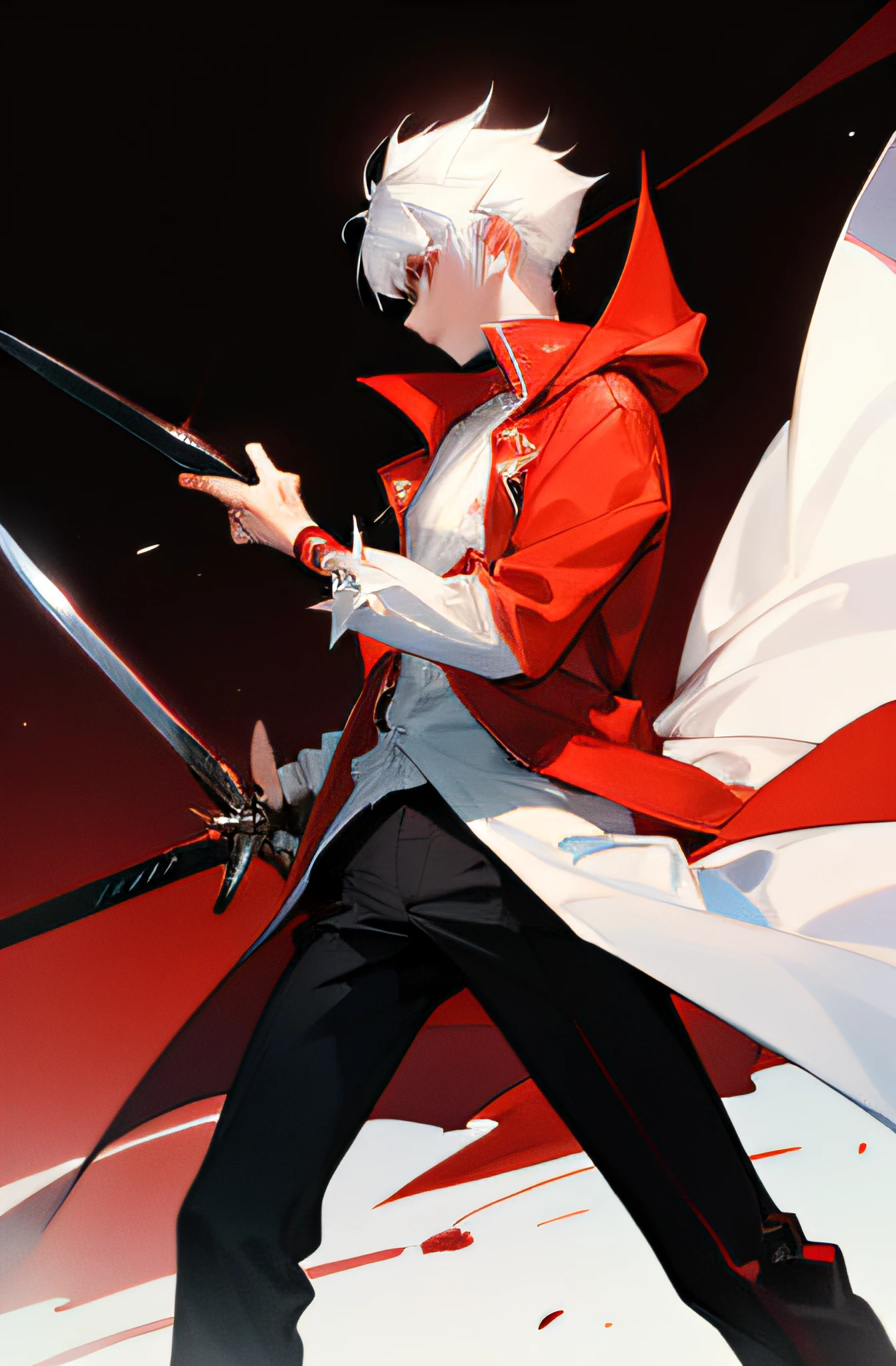 ung man, white hair, red eyes, wearing red coat with white shirt, wearing black pants, short spiky hair, wearing sword