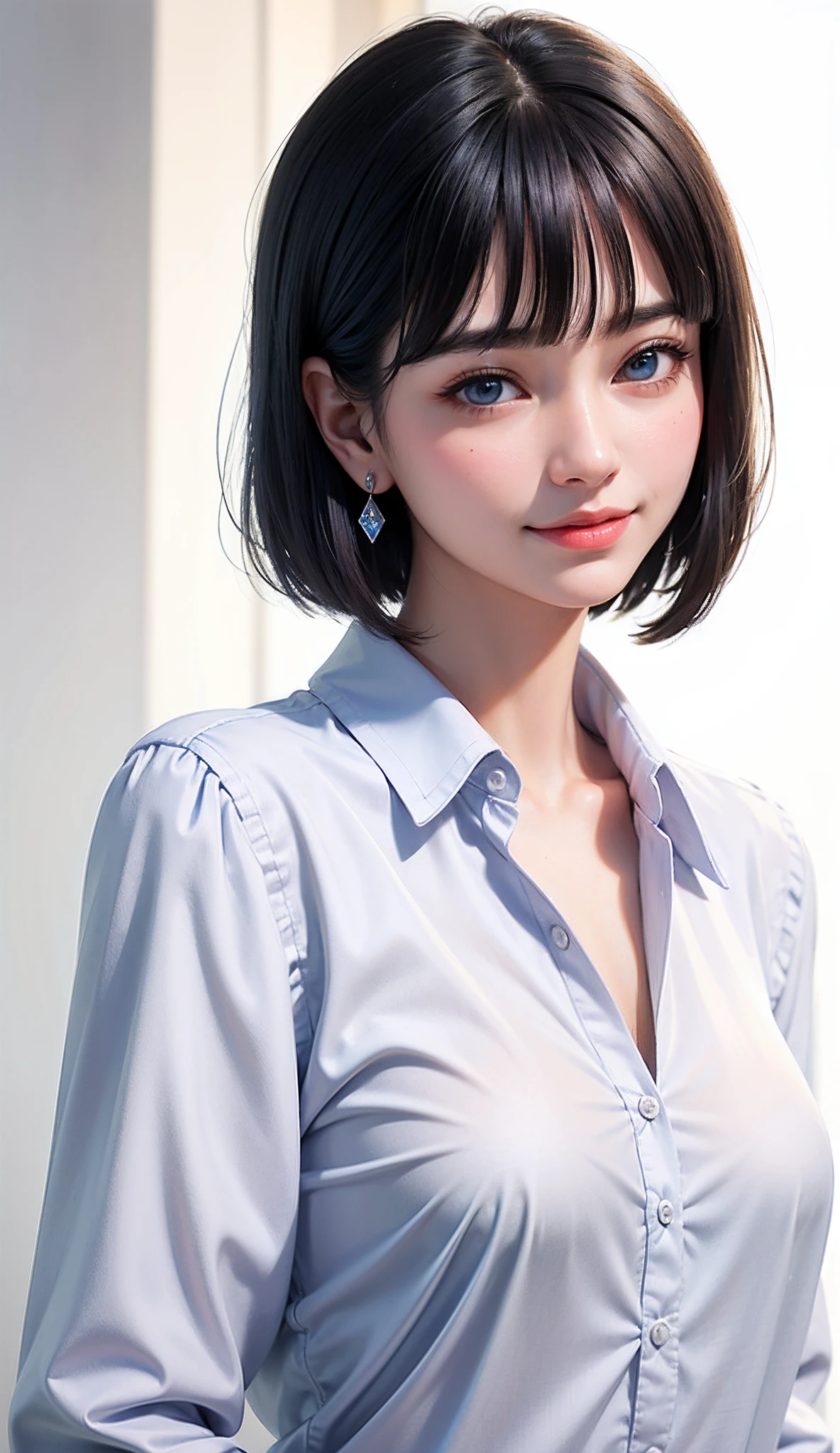 (high-level image quality、high-detail、hightquality、hight resolution、Draw everything in high resolution)、Intense crystal light blue eyes、Very small diamond-shaped earrings、Gaze firmly into the camera、Put your ears out、Beautiful very short black hair、Beautiful very short beautiful hair with bangs、Straight Beauty Bangs、beautiful decollete、Beautiful 28 years old、lipgloss、long neck、Happy smile、Beautiful teeth alignment、Beautie、Pretty Woman、Very white business shirt with open collar、Very white business shirt with open chest、lengthen the left and right ends of the bangs、Random beautiful composition