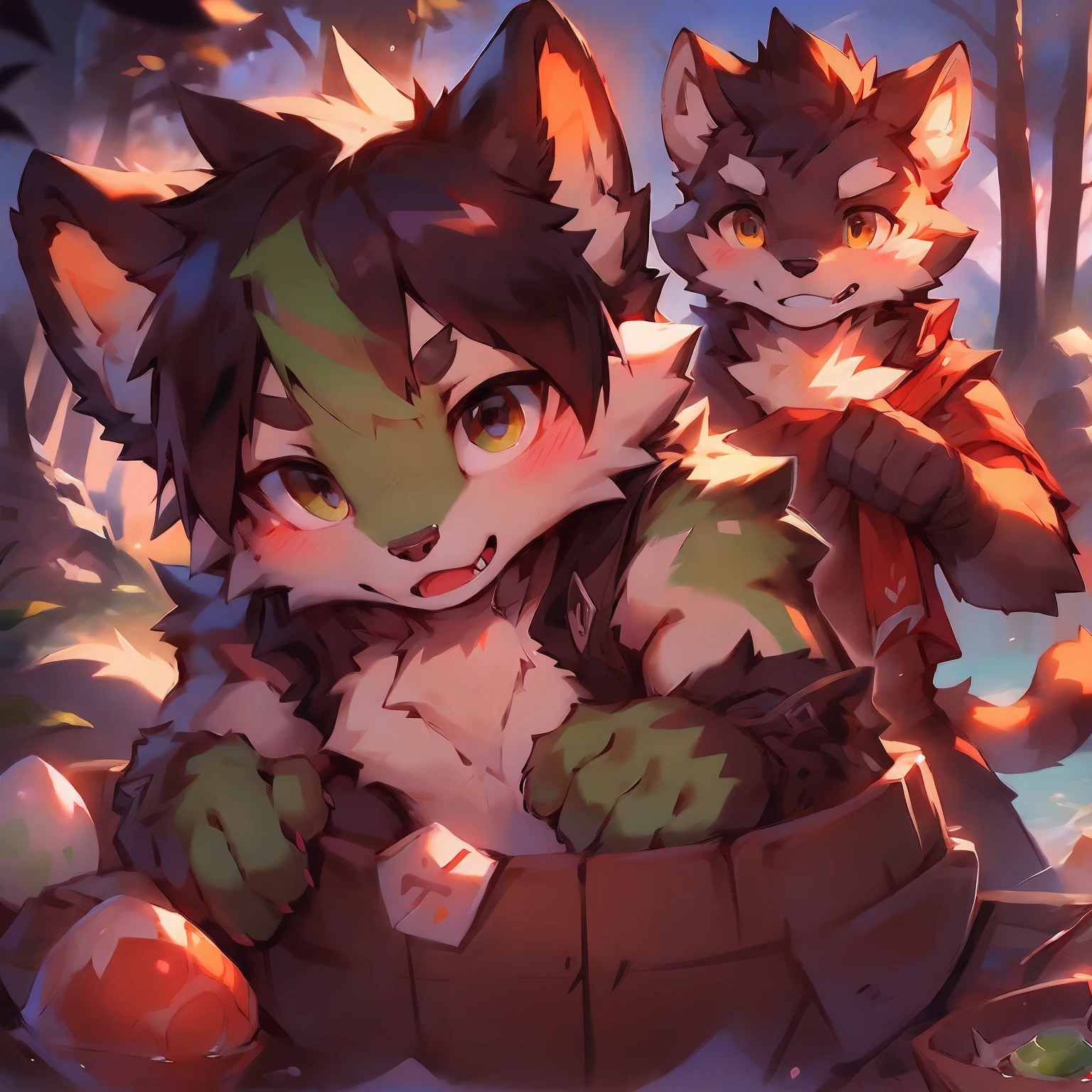 A cute and curious wolf cub and a strong tiger have sex under the sunlit woods。Wolf pups are physically shy，It has white fur，bushy tail，And a pair of fluffy ears，There was a shy and excited expression on his face。Tigers have muscles，Strong physique，He loves this wolf cub。anthro,Furry,feral,(Digital media \(artwork of a\):1.2),(hi，It's nothing,absurd res:1.2),Perfect anatomy,Anatomically correct,Detailed,Detailed face,Detailed eyes,(Realistic fur,Detailed fur:1.25),Detailed background,amazing background. Break (author：Puinki \(artist\):1.2),(author：Unreal Land,author：Sumi Kuroi,author：Milk Tiger 1145,author：Morkey,author：Emolga 1,Through the egg capsule:1.2),(author：Xia Huaiting:0.8),(by Pino Daeni:0.8),(by Hioshiru:0.8),(by Chunie:0.8).