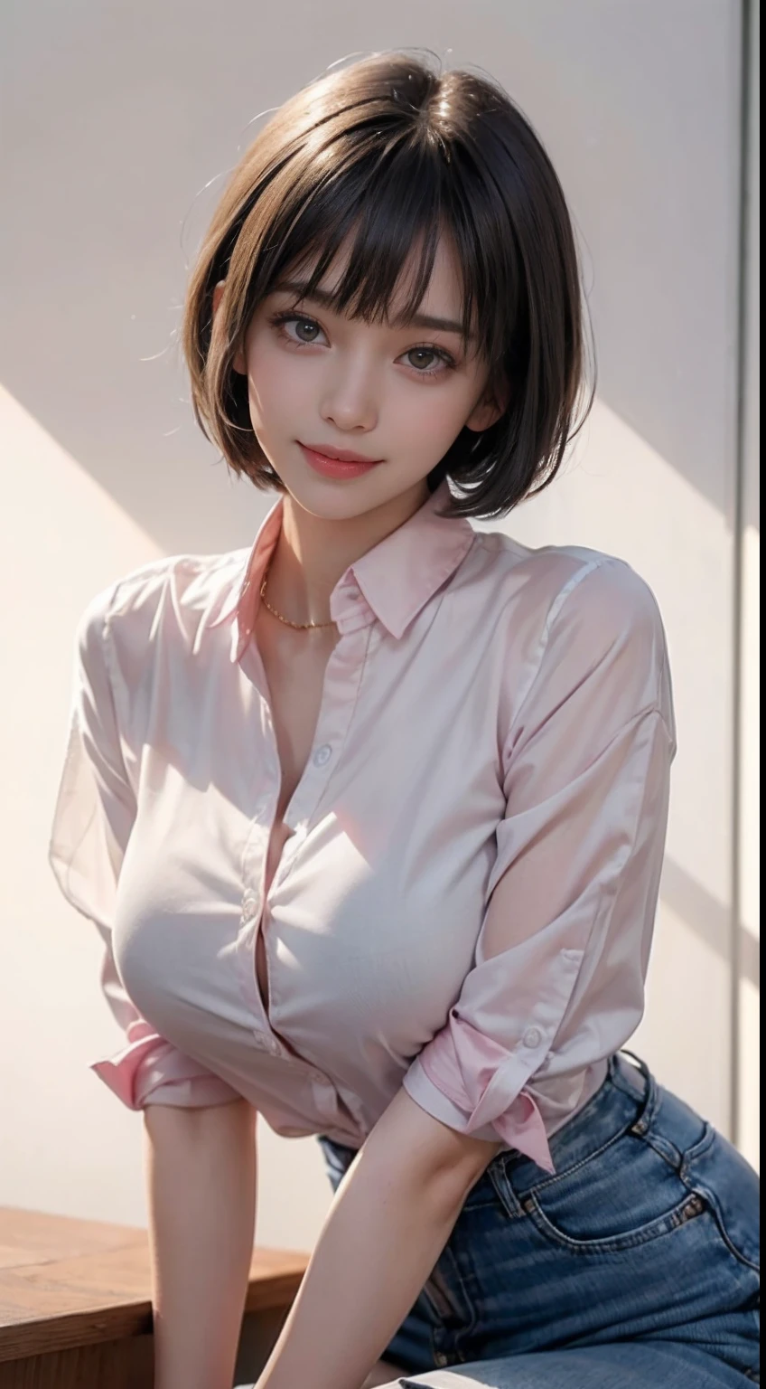 (8k, top quality, masterpiece: 1.2), (realistic, photorealistic: 1.37), super detailed, girl single, cute, solo, sitting, dating, (blush), (smile: 1.15), (closed mouth), big breasts, gaze staring at camera, breast staring at camera, fine beautiful eyes, large round eyes, clear double eyelids, eyelashes, (shirt with collar: 1.1), wet, office clothes, (Short hair: 1.2), floating NovaFrogStyle, bangs, long neck, happy smile, mouth closed, pretty face, realistic skin type, realistic texture, unbutton, light pink lip, really nothing background, really pure white background, 28 years old, high school student, no shadows on face, natural light, not thick upper lip