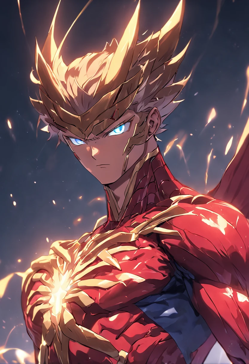 gold Saint Seiya weairing spiderman suit，THE CHEST IS RED AND BLUE, Full body like，combats，Close-up，of a real，Facial features are carefully depicted，Realistic skin texture，Dark style，depth of fields，high light，Real light，Ray traching，oc rendered，Hyper-realistic，best qualtiy，8K，Works of masters，super-fine，Detailed pubic hair，Correct anatomy，sharp focus on eyes，Bokeh，Facial features are carefully depicted