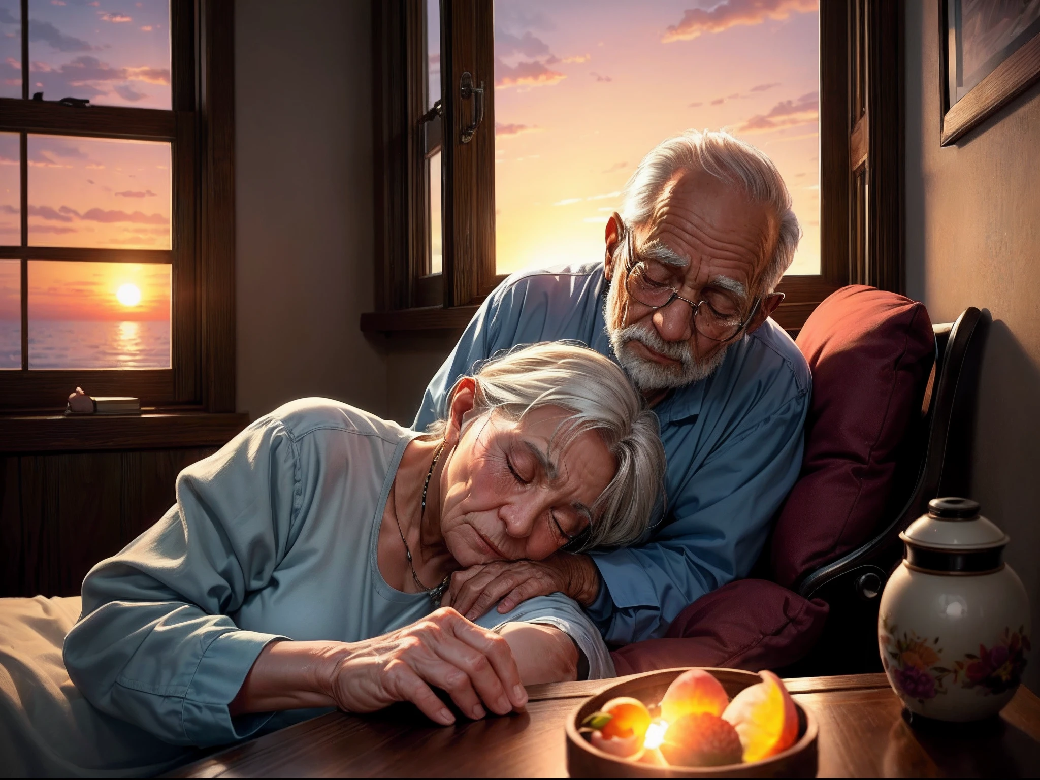 Old couple, (One old man sleeping in bed:1.4), (Sit on a chair next to the bed、Elderly woman taking care:1.3), (Sunset from the window:1.5), White curtains fluttering in the wind, The old man quietly takes my last breath, Single flower in a vase, petals falling, (8K, 16 K, Super Detail), high details, Best Quality:1.2, hight resolution, High quality, masutepiece:1.4, Anatomically correct,Detailed hand, Detailed fingers, Detailed face