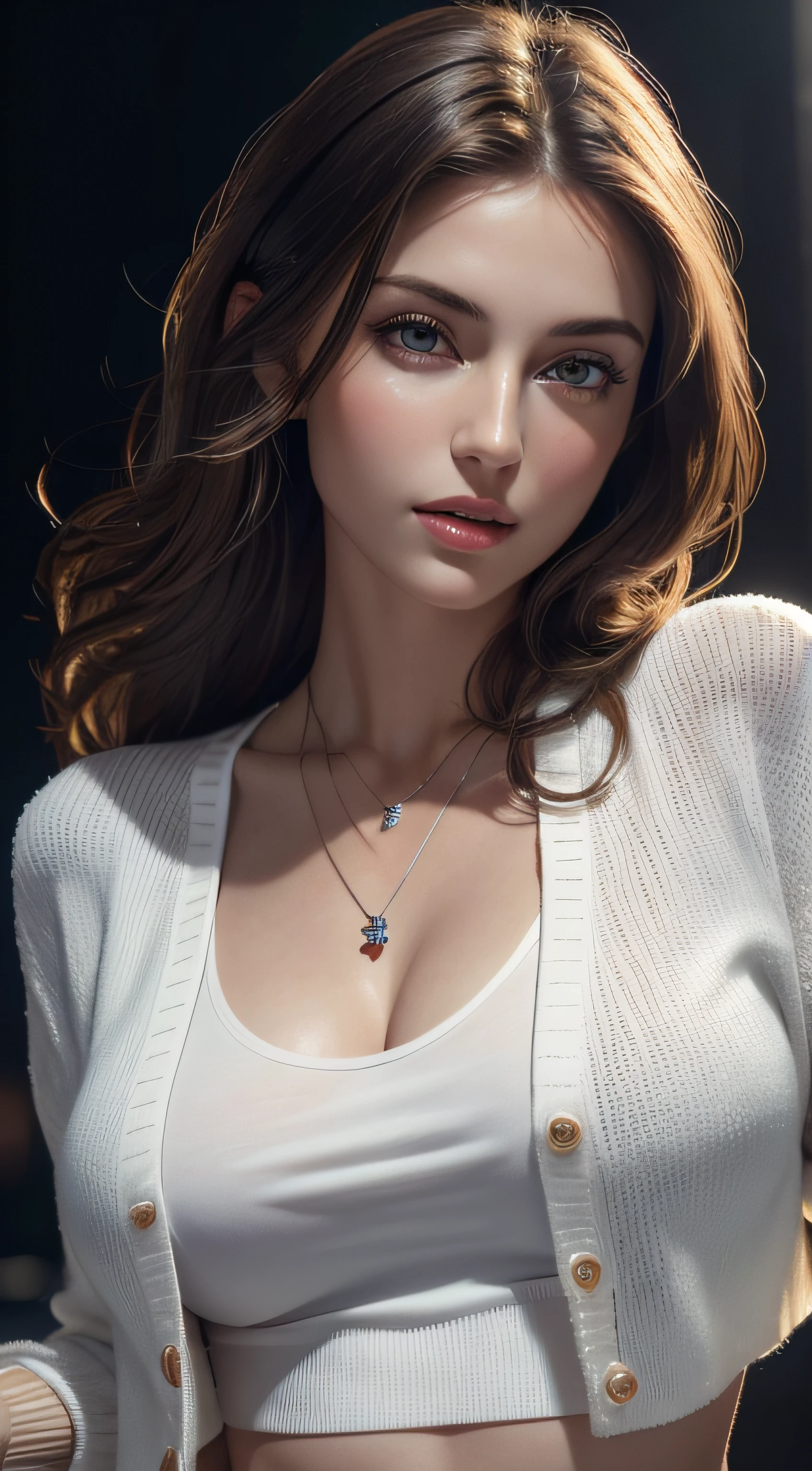 (Masterpiece, best quality, photorealistic, highres, photography, :1.3), close-up shot, sharp focus, 1 brunette girl, European girl, hot model, highly detailed eyes and pupils, realistic skin, (slim body shape, perfect body, beautiful midriff, cleavage), extremely detailed hair, delicate sexy face, sexual gaze, shiny lips, ((wearing cropped shirt with white cardigan, wearing pendant)), in a night club, ((vivid light, dynamic lighting, realistic, super realistic, realism, realistic detail))