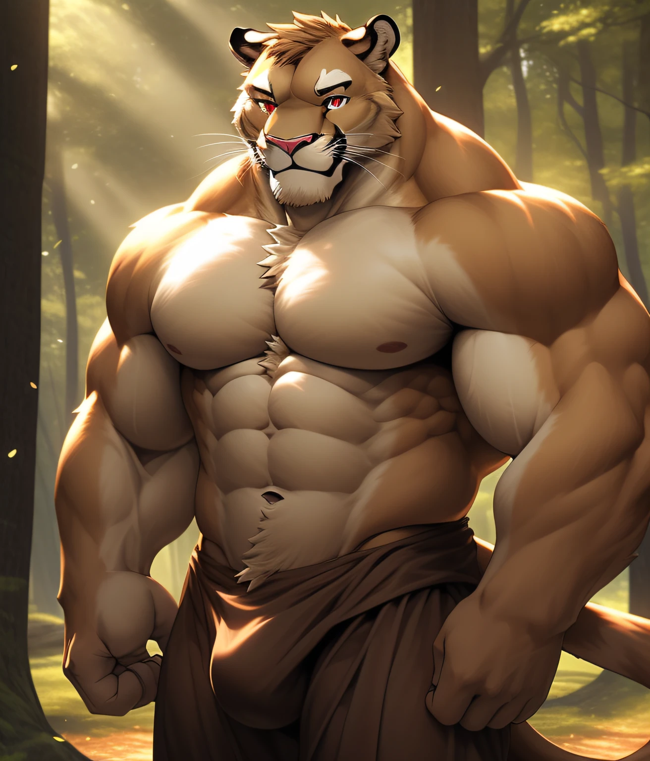 nj5furry, (a cougar, Shirt, ripped muscles, Topless, naked)), No clothes, thick fur covering the crotch, Cream brown fur, ((full body)) male, kemono, ((Extremely realistic shadows, Masterpiece, extremely detailed, photorealistic), ((a cougar), back, broad shoulders, standing on your back, firm buttocks, round buttocks, shapely buttocks, massive and very muscular pecs. No clothes, thick fur covering the crotch, strong, mature male, bodybuilding posture, carefree expression, mischievous smile, sexy, detailed face, handsome, huge, muscular and massive body, bulge pectorals, muscular abs, narrow waist, cream brown fur, short hair, red nose, red eyes, crotch bulge, Enchanted and fairy tale forest behind him. dark brown Jedi-style baggy pants