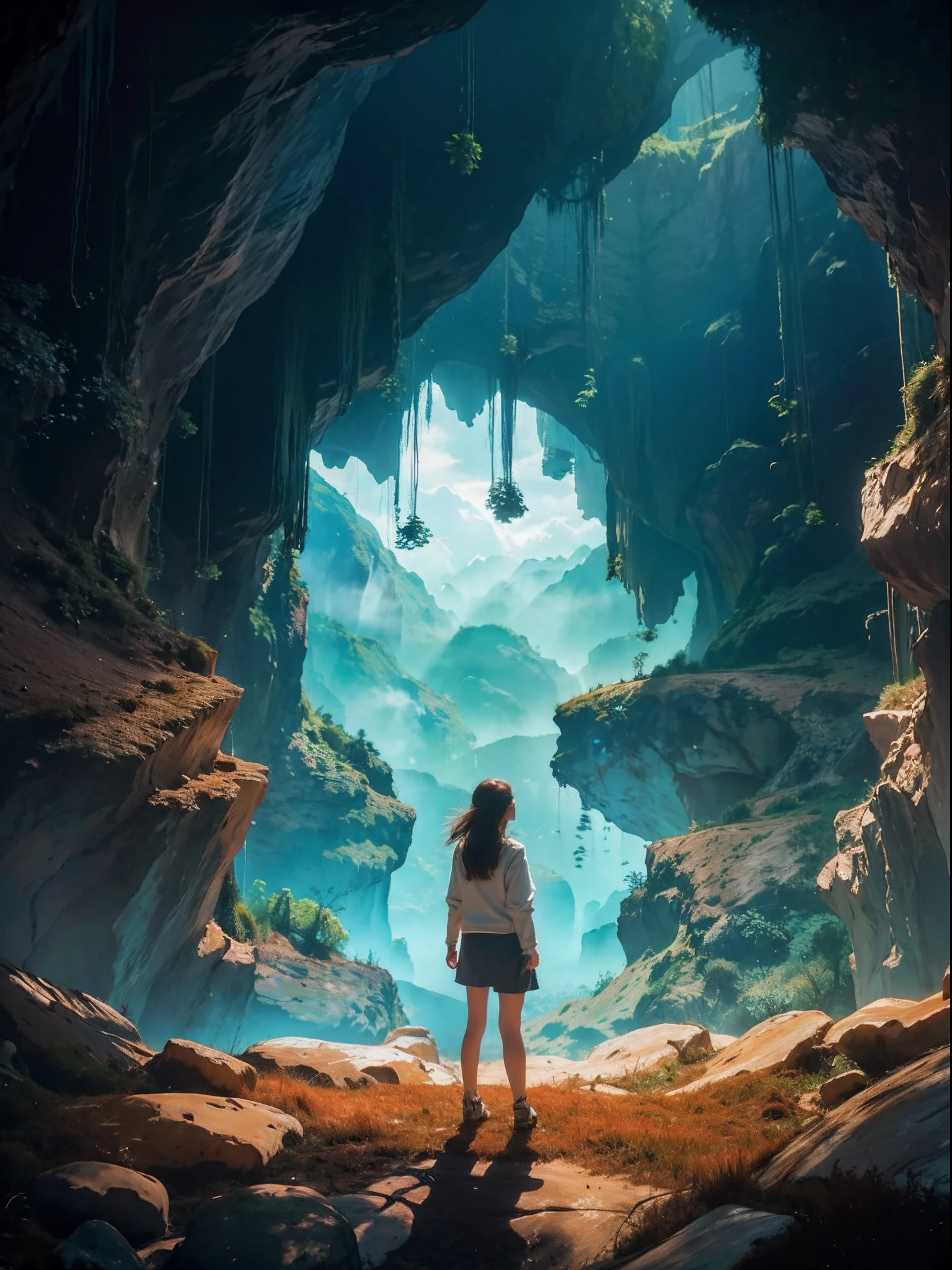 lanscape, 8k landscape of beautiful cave with girl standing back with brown bag, lots hair, particle, rule of third photography, intricate, elegant, realistic depth of field photography, perfect natural lighting (masterpiece, sidelighting, finely detailed beautiful cave), realistic leav, realistic cloud, realistic city building, realistic sky, beautiful sky, strong ray of light, rule of third photography, point of interest photography, perfect lanscape color tone, realistic shoe, realistic moss, realistic grass, realistic stone, realistic climb, realistic tree, best lanscape color tone, realistic land, strong fog, add grain, render with redshift, realistic shadow