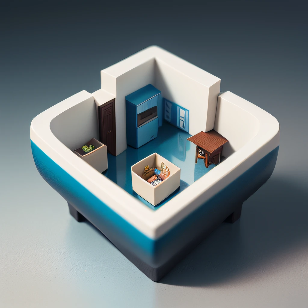 "Inspired by the office of a microcompany. Isometric ceramic art, Yuan blue and white color, Chic images, There is no background image.".An imperfect porcelain blind box,chinaware,In a chic,closeup cleavage