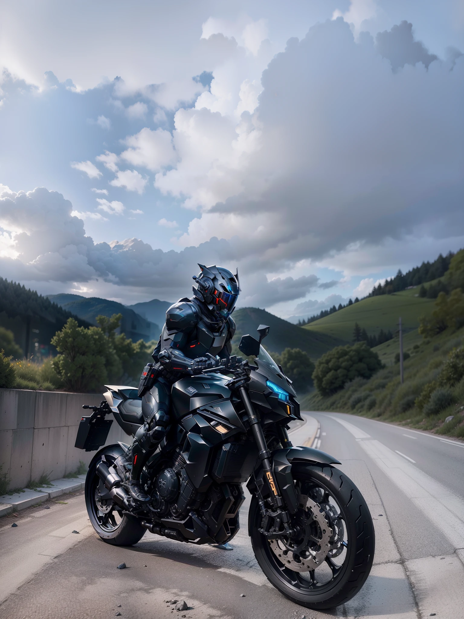 Handsome full body black mecha cyberpunk knight，Black tech helmets，Nousr， Biomechanicals， MSHN Robot Man，High-tech helmet，hyper realisitc， Steel， Complex design， insanely details， finely detailled， Extremely clear lines， cinmatic lighting， photograph realistic， A detailed masterpiece