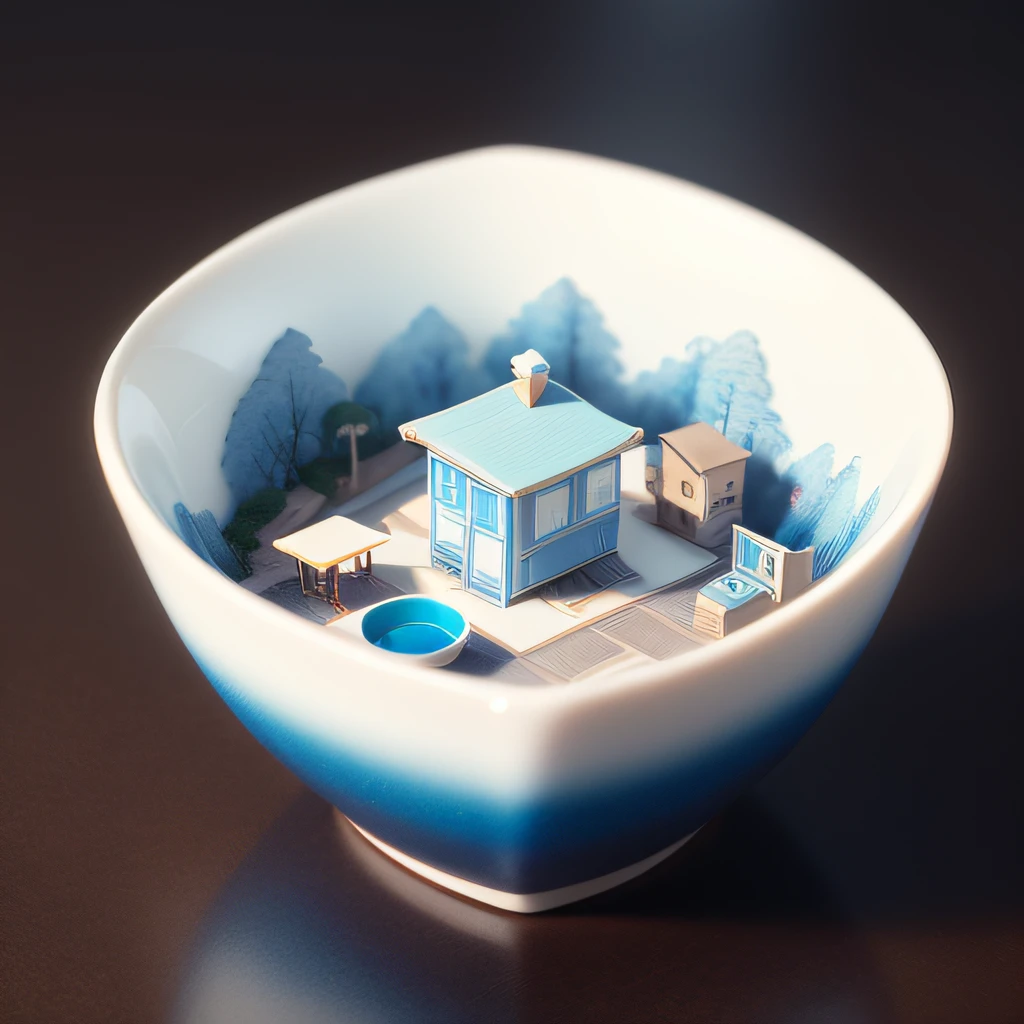 "Inspired by the office of a microcompany. Isometric ceramic art, Yuan blue and white color, Chic images, There is no background image.".An imperfect porcelain blind box,chinaware,In a chic,closeup cleavage