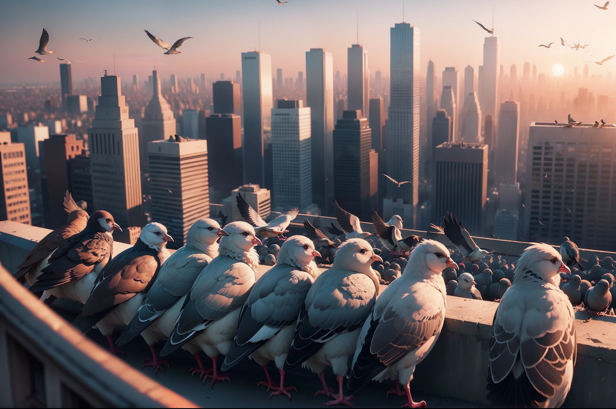 (masterpiece, best quality), best resolution, flock of pigeons perched on a building, city skyline, sunset