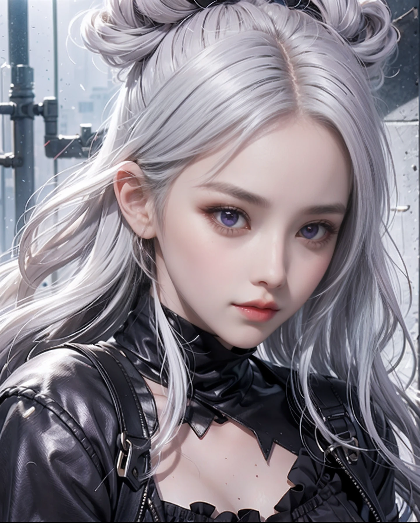 1girl in、White hair、O cabelo multicolorido、a purple eye、mask on head、side lights、Particles of light、wall-paper、Angle from above the knee