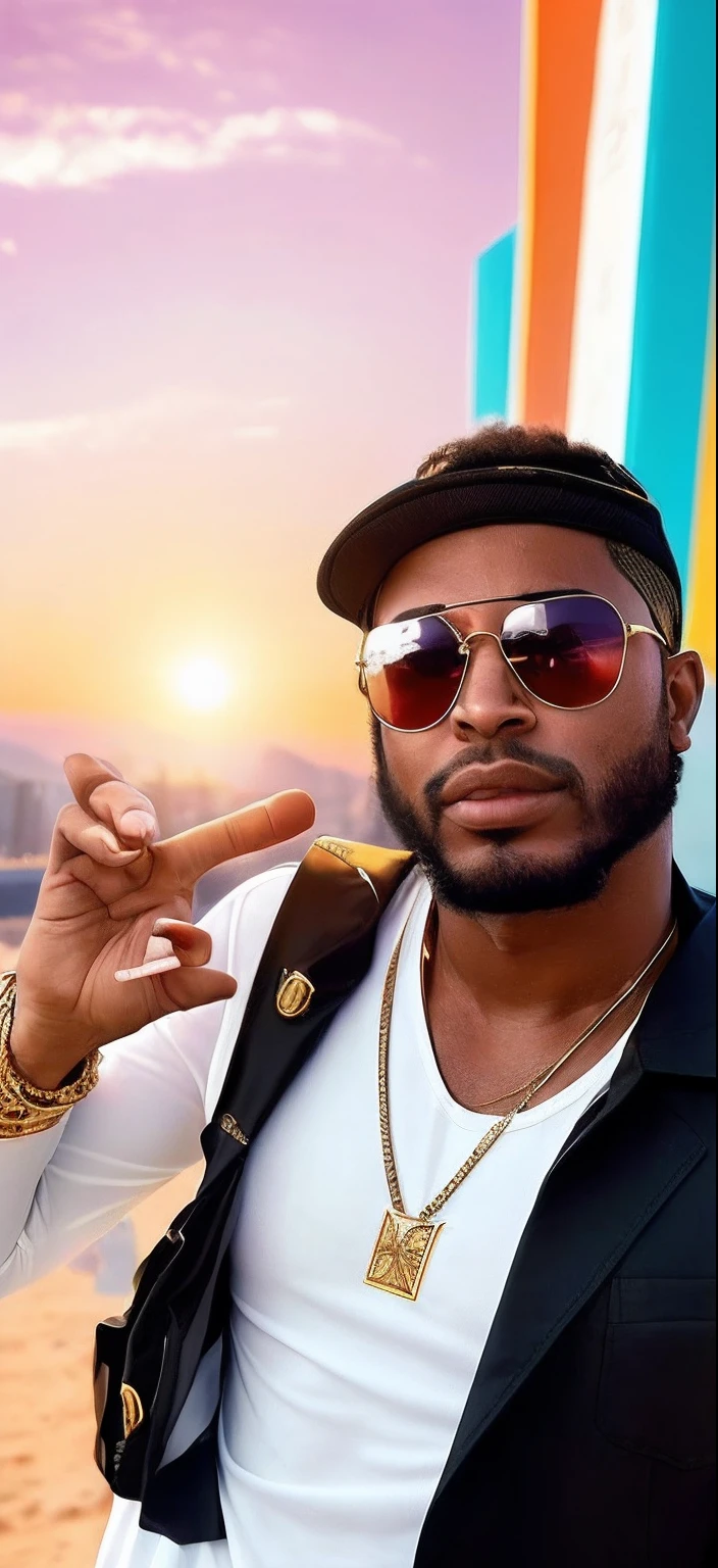 there is a man with a hat and sunglasses posing for a picture, taken in the early 2020s, wearing versace sunglasses, profile photo, wears a egyptian ankh necklace, profile image, photo from 2022, wearing sunglasses and a cap, riyahd cassiem, wears the ankh symbol, with sunglass, luis melo