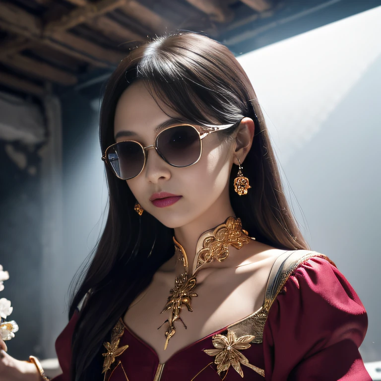 Wear thick gold-framed sunglasses,32K(tmasterpiece,k hd,hyper HD,32K)Burgundy double ponytail,Silver Skull Abandoned Area of the Pond,Indigo Skull King ,Hold the big G steering wheel (The skeleton is realistic:1.4),Skull pattern robe,Silver skull flower ornaments,Petals flutter,Colored ball head,Hold your head high,Be proud,The nostrils look at people, A high resolution, the detail, RAW photogr, Sharp Re, Nikon D850 Film Stock Photo by Jefferies Lee 4 Kodak Portra 400 Camera F1.6 shots, Rich colors, ultra-realistic vivid textures, Dramatic lighting, Unreal Engine Art Station Trend, cinestir 800,Hold your head high,Be proud,The nostrils look at people,Tsundere,Petals flutter,Petals flutter,Sprinkle with gold dust,Fluttering,Impeccable,( reasonable design, Clear lines, High sharpness,Best quality, Very detailed skeleton, The skeleton of a masterpiece, offcial art, movie light effect, 4K skeleton(((Wear thick gold-framed sunglasses)))
