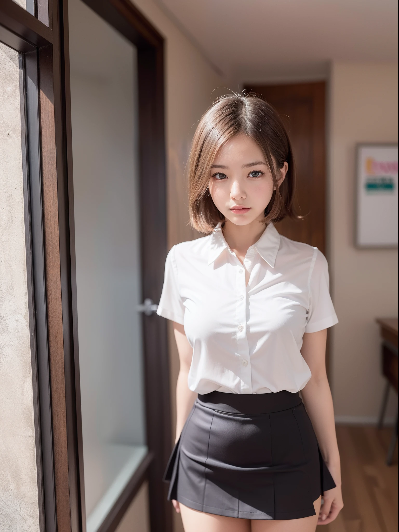 Japanese Girls、18歳の女の子、ple short hair、Blond Hair、bangs、BROWN EYES、Perfect figure、Sense of transparency、luster、gloss、modest chest、School Uniforms、Navy blue ribbon、Light blue shirt、Navy blue skirt、Guangyue、Burning body、hposing Gravure Idol、On the train、Beautiful feet、Strong sunlight、Nasty、Rain-drenched body、wet