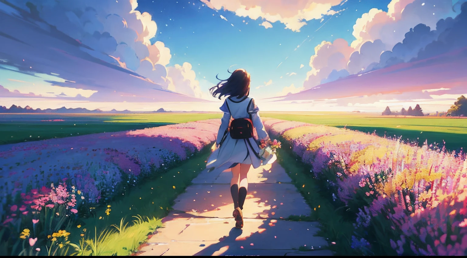 anime girl walking on a path in a field of flowers, makoto shinkai cyril rolando, anime art wallpaper 4 k, anime art wallpaper 4k, anime background art, anime beautiful peace scene, beautiful anime artwork, beautiful anime scene, 4k anime wallpaper, beautiful art uhd 4 k, anime art wallpaper 8 k, cosmic skies. by makoto shinkai