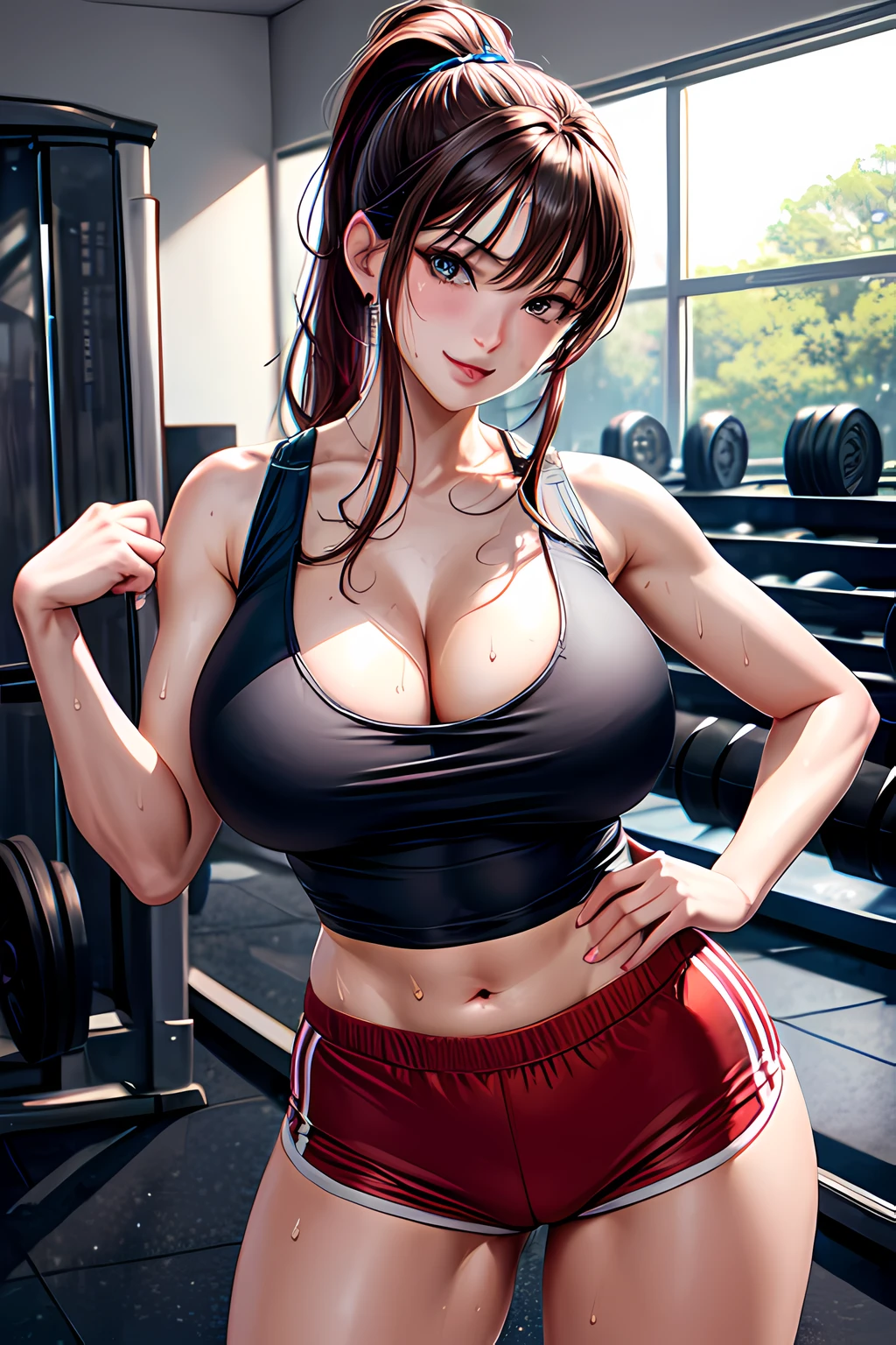 8k,Best Quality,masterpiece,Extremely detailed,realistic,1girl,japanese woman,(big breasts:1.3),cleavage,[[cameltoe]],toned and glamorous body,(Tank tops:1.3),(Hot Pants:1.3),ponytail,Brown hair,smug,(Sweat on breasts),looking at viewer,((gym:1.2)),