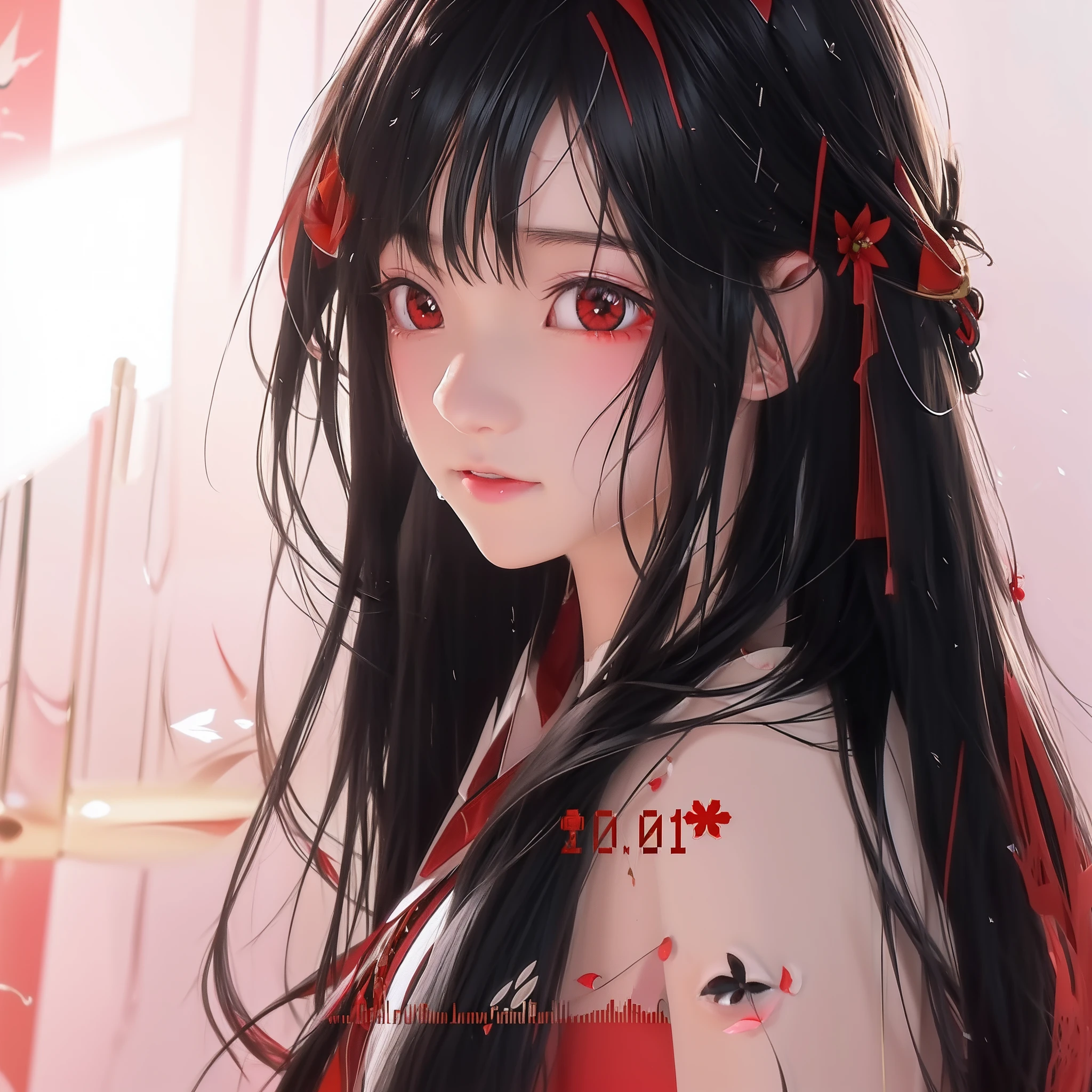 Anime girl with long black hair and red flowers in her hair, Guviz-style artwork, Anime art wallpaper 8 K, Anime art wallpaper 4k, Anime art wallpaper 4 K, style of anime4 K, Anime wallpaper 4K, Anime wallpaper 4 k, 4K anime wallpaper, Guviz, Beautiful anime girl