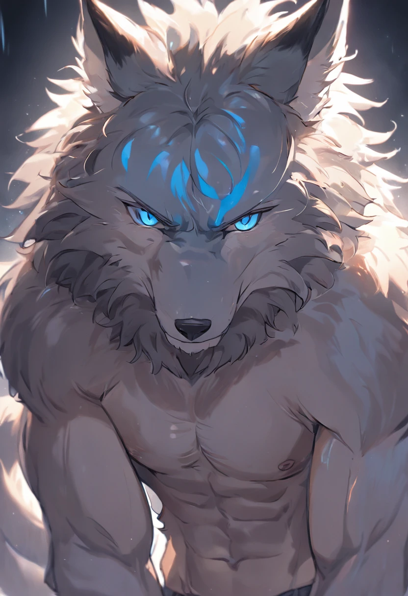 4K, high resolution, Best quality, Masterpiece, perfect colors, perfectly shaded, Perfect lighting, posted on e621, (by Chunie), Furry, anthro, Furry art, ((Portrait)), Male wolf, gray wolf, (two-toned fur), hairy bodies, Blue eyes, (Seductive look:1.2), fit body, perfect male figure, Wear men's shorts,Abs，musculature,Detailed fur, Detailed face, Perfect face, (The stands up), Detailed background, ((Bonifasko lighting)), Wolf tail, (Detailed eyes), perfect pupils