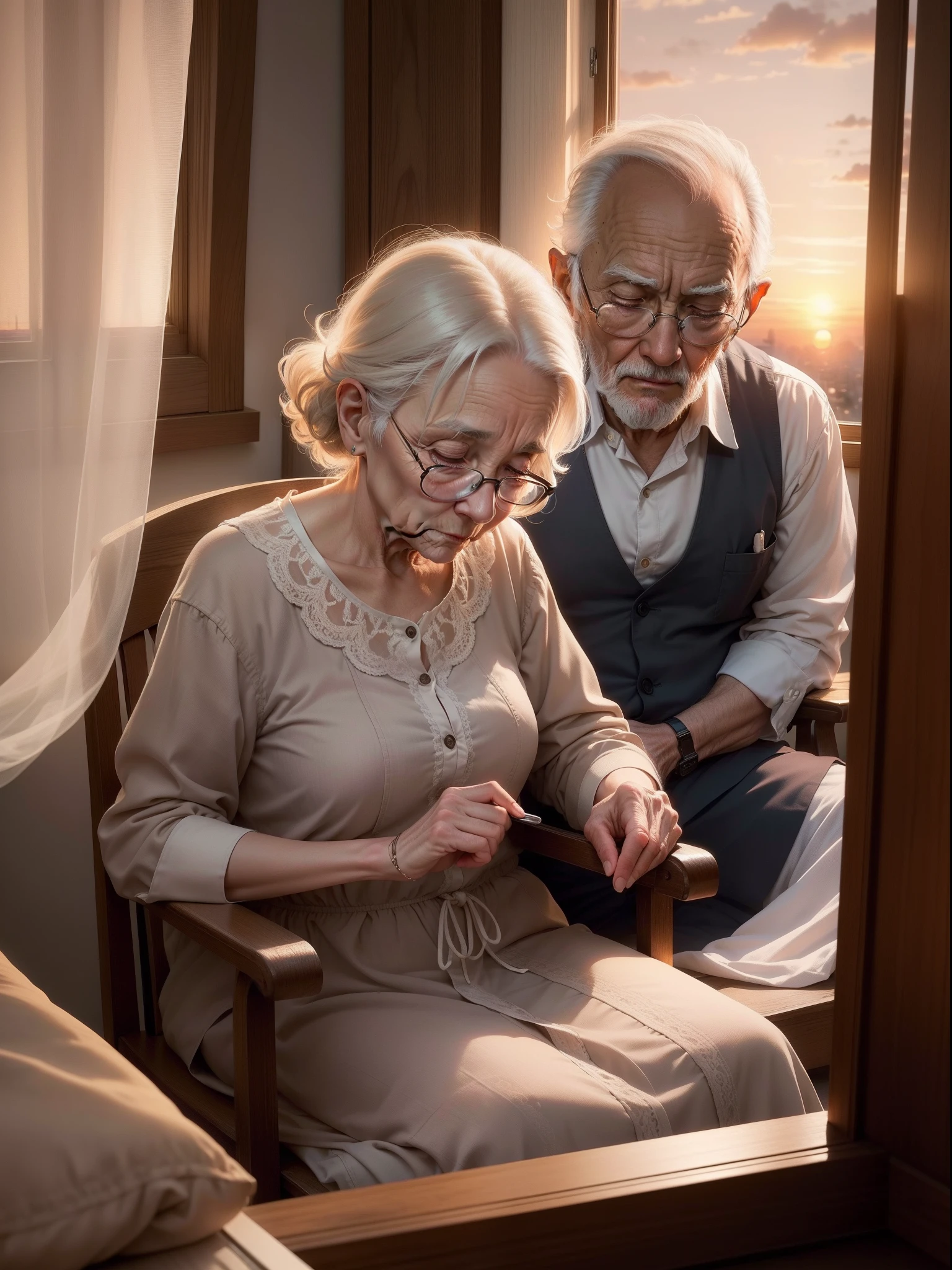 Old couple, (One old man sleeping in bed:1.3), (Sit on a chair next to the bed、Elderly woman taking care of:1.3), (Sunset from the window:1.5), White curtains fluttering in the wind, The old man quietly takes my last breath, Single flower in a vase, petals falling, (8K, 16 K, Super Detail), high details, Best Quality:1.2, hight resolution, High quality, masutepiece:1.4, Anatomically correct,Detailed hand, Detailed fingers, Detailed face