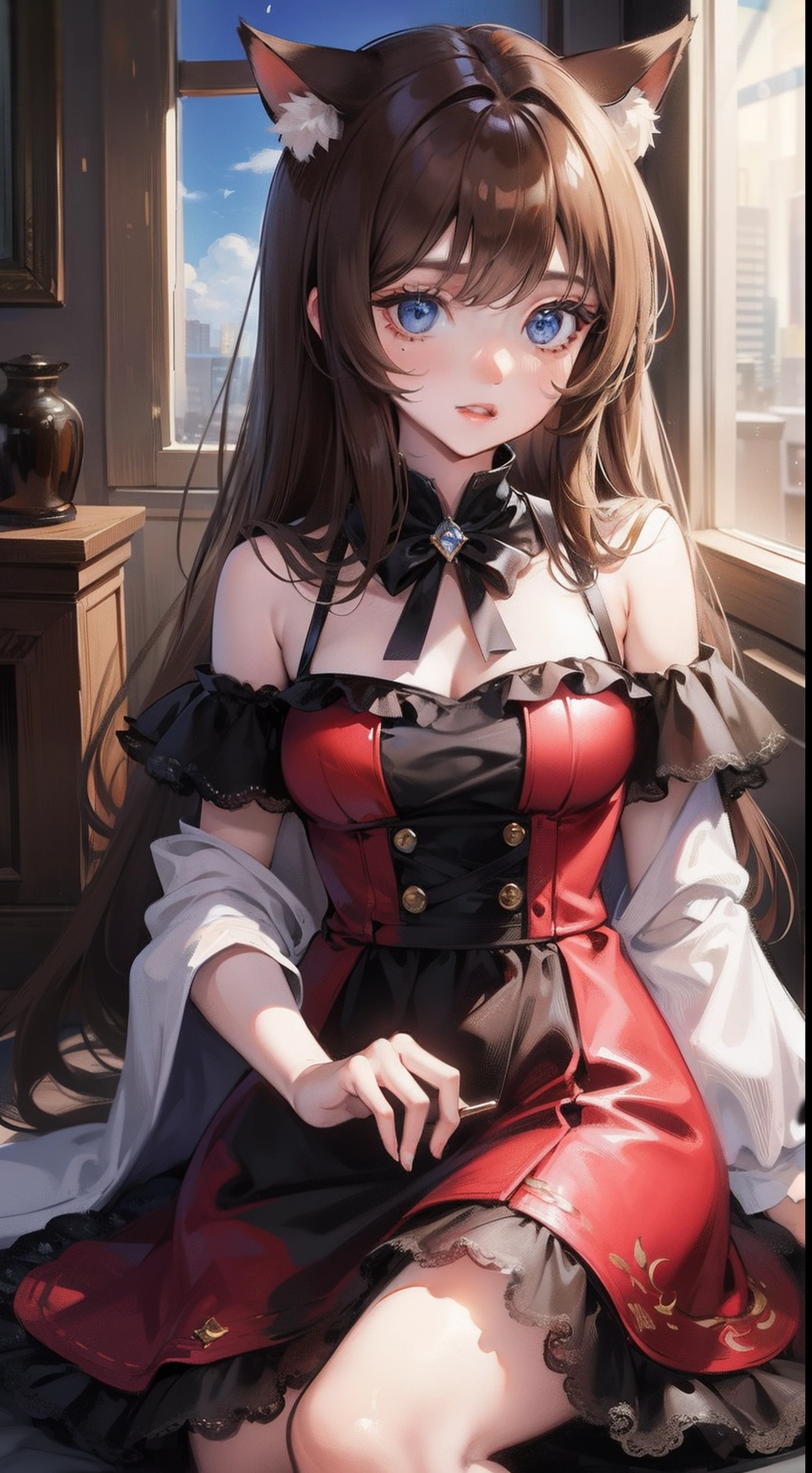 young girl, Long brown hair, Blue eyes, Cat ears, dreamy dress, Masterpiece, High quality