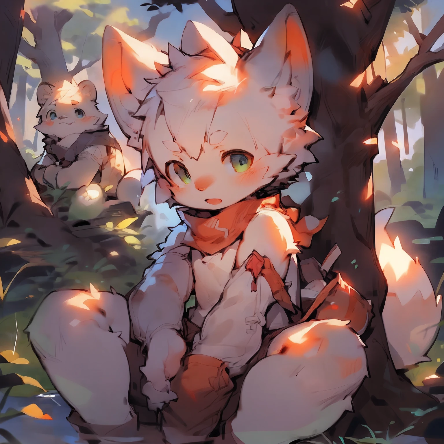 Masterpiece,High quality,abstract res,Digital painting\(artwork of a\), by Dagasi, Yupa,Kiyosan,(anthro,Fluffy fur,Character focus:1.1),anthro male cat,Short hair,Portrait , eyes with brightness, in a panoramic view, Character focus.(detailedbackground:0.7), 独奏, shaggy, shaggy male, malefocus, anthr,(Full Body Furry, Fluffy tail, White fur, White feathers，Dark green eyes, White color hair:1.2), (Long felines、moth，Manteau：1.2），（grassy fields，rays of sunshine，Dense grass，Low tree，butterflys，1:1）